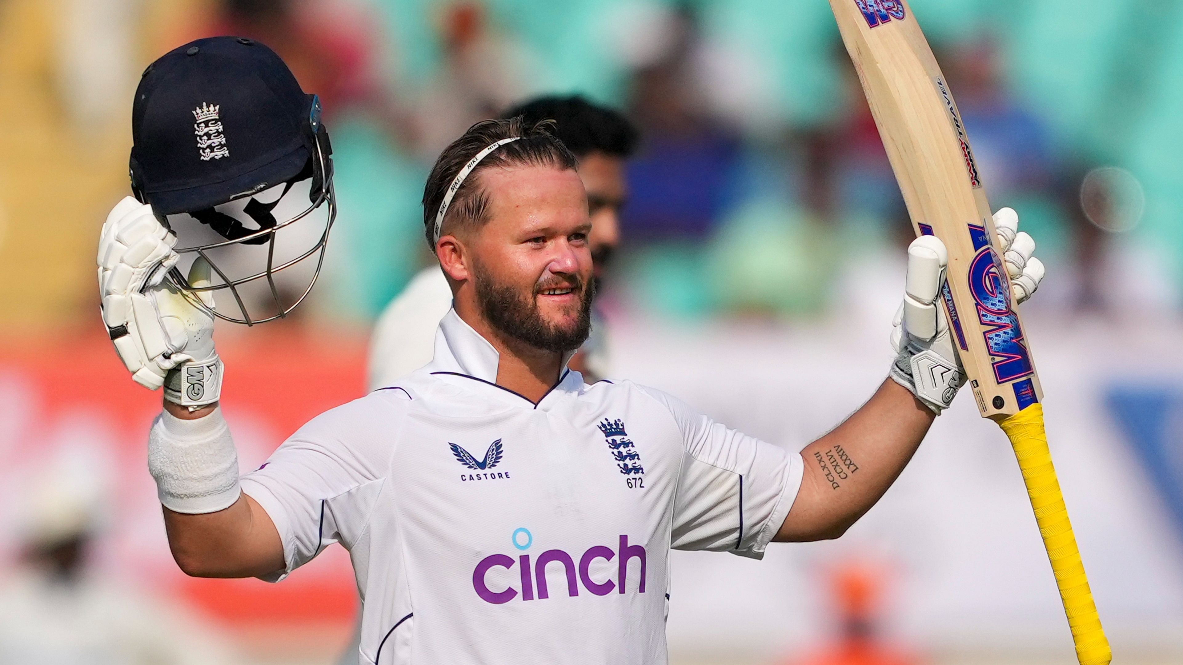 <div class="paragraphs"><p>Rajkot: England's Ben Duckett celebrates his century on the second day of the third test cricket match between India and England, at the Niranjan Shah Stadium, in Rajkot, Friday, Feb. 16, 2024. </p></div>