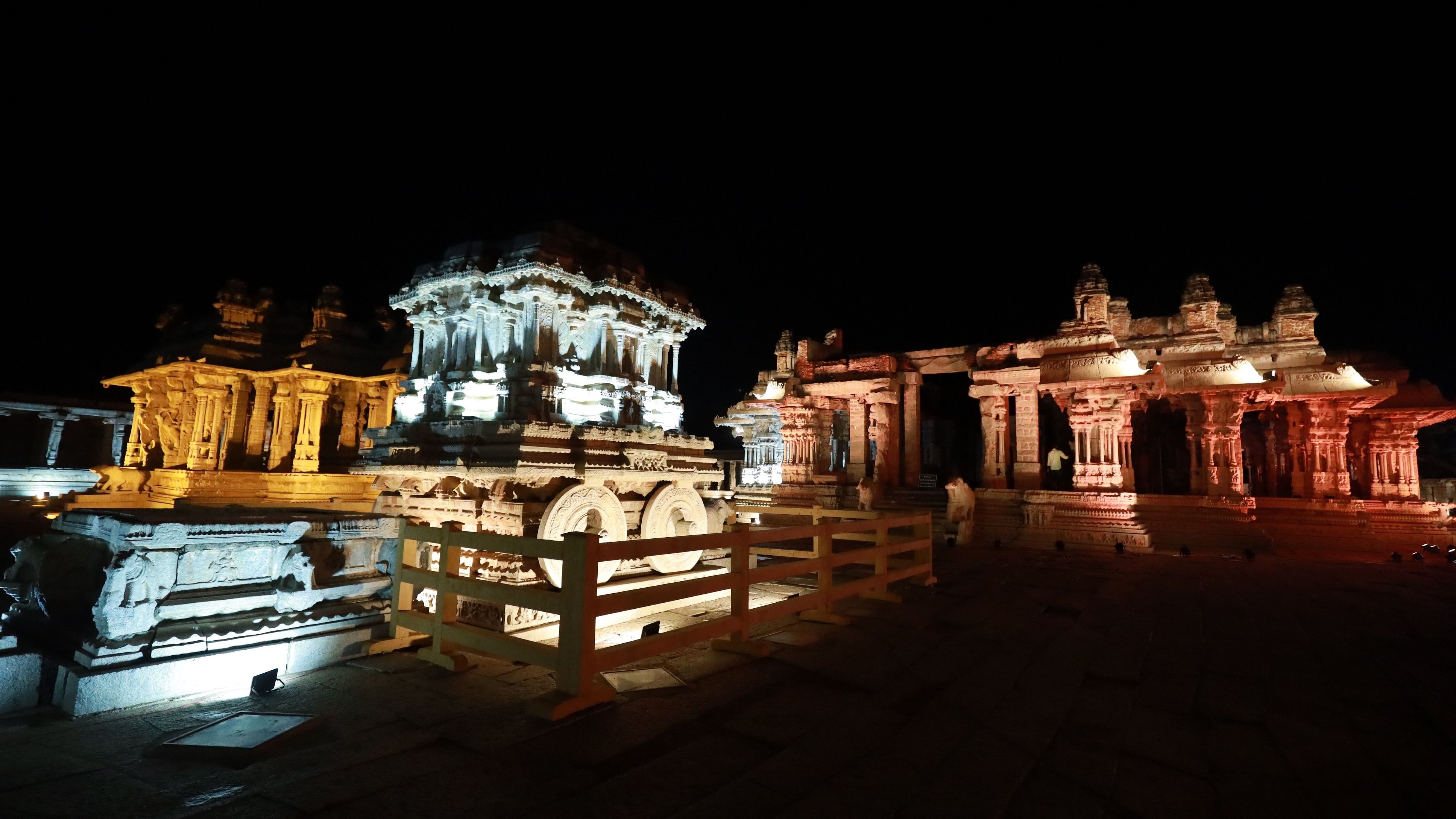 <div class="paragraphs"><p>The illuminated Vijaya Vithala temple and stone chariot in Hampi give an other worldly feel.  </p></div>