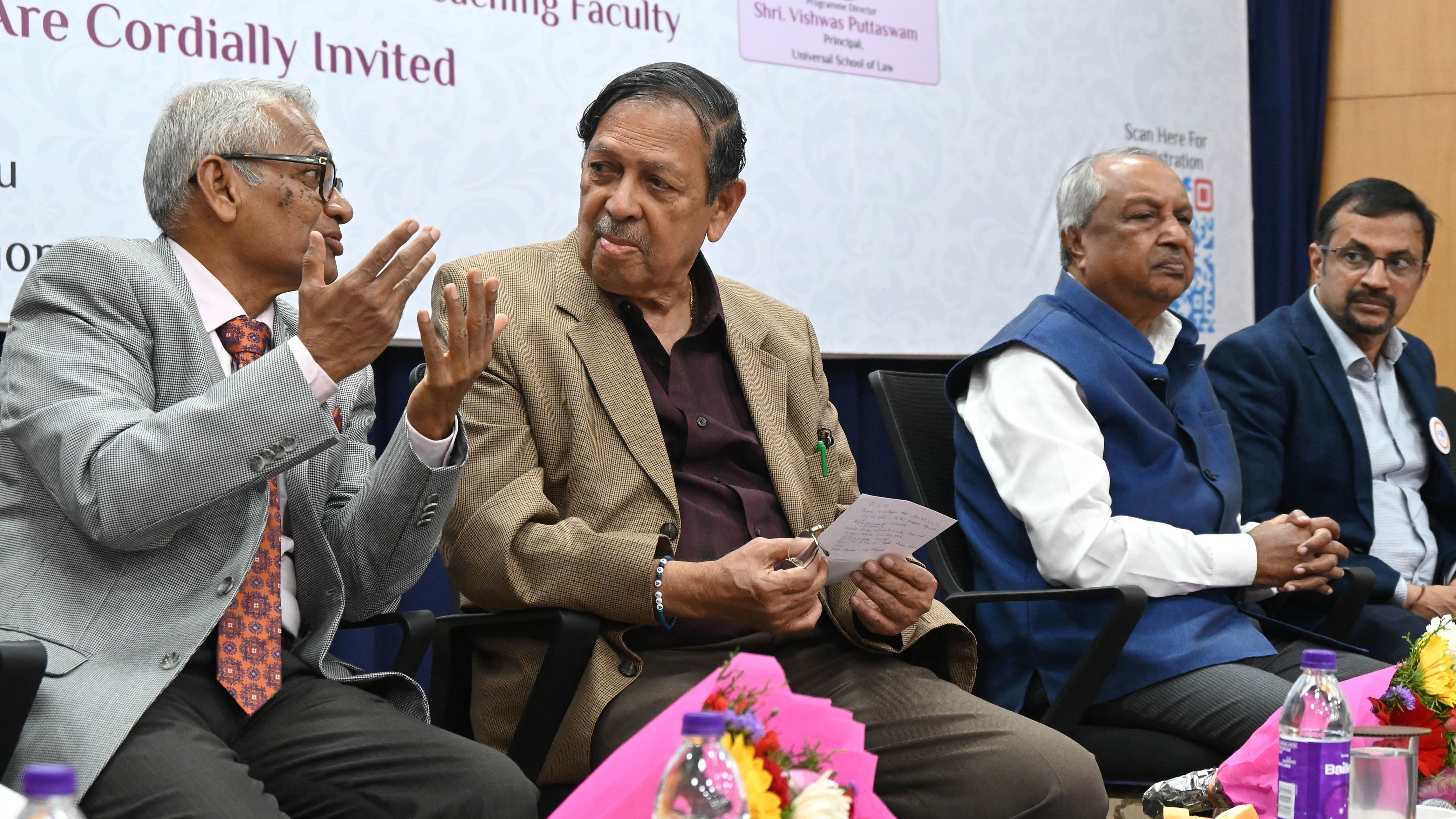 <div class="paragraphs"><p>Former Advocate General Prof Ravivarma Kumar; former Supreme Court judge Justice Santosh Hegde; former judge, High Court of Karnataka, Justice Nagamohan Das and R Upendra Shetty, Chairman, Universal Group of Institutions, take part in a discussion&nbsp;organised by the Universal School of Law&nbsp;on the historic judgment of the Kesavananda Bharati case.&nbsp;</p></div>