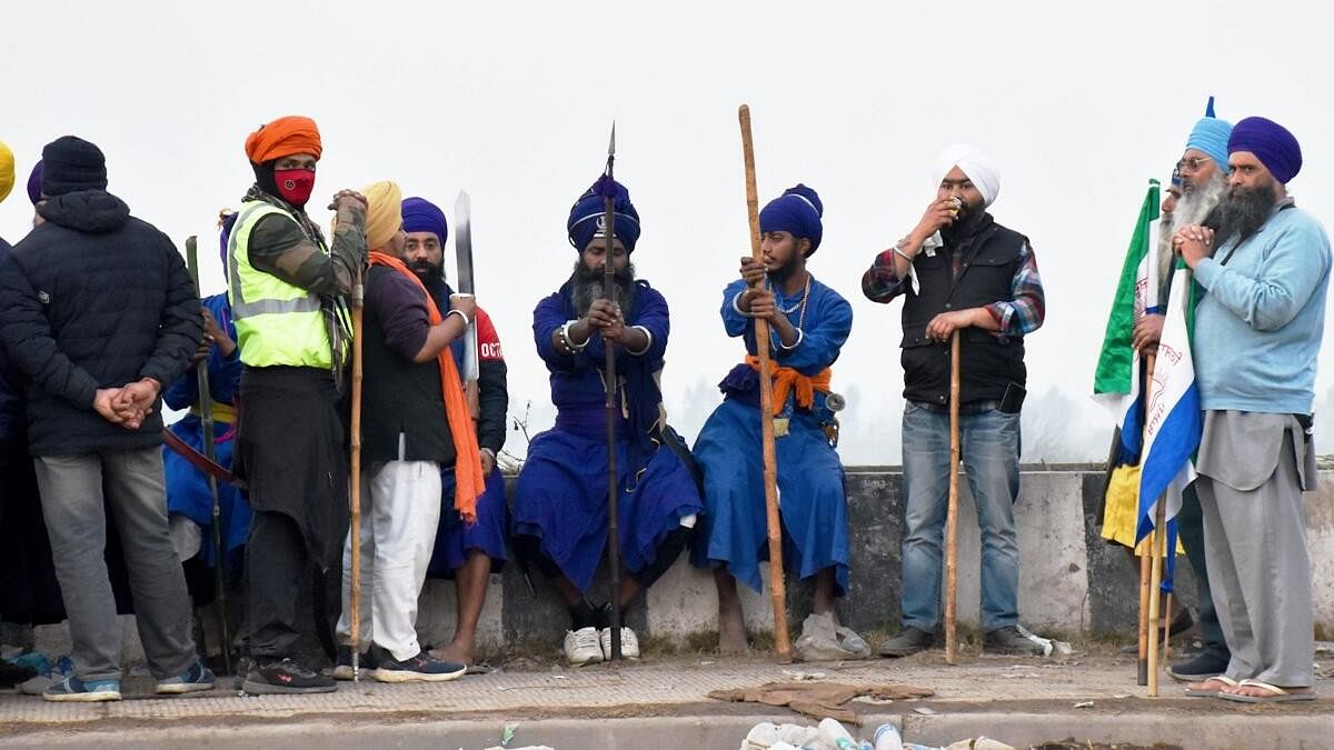 <div class="paragraphs"><p>Farmers at the Punjab-Haryana Shambhu border during a protest march, in Patiala</p></div>