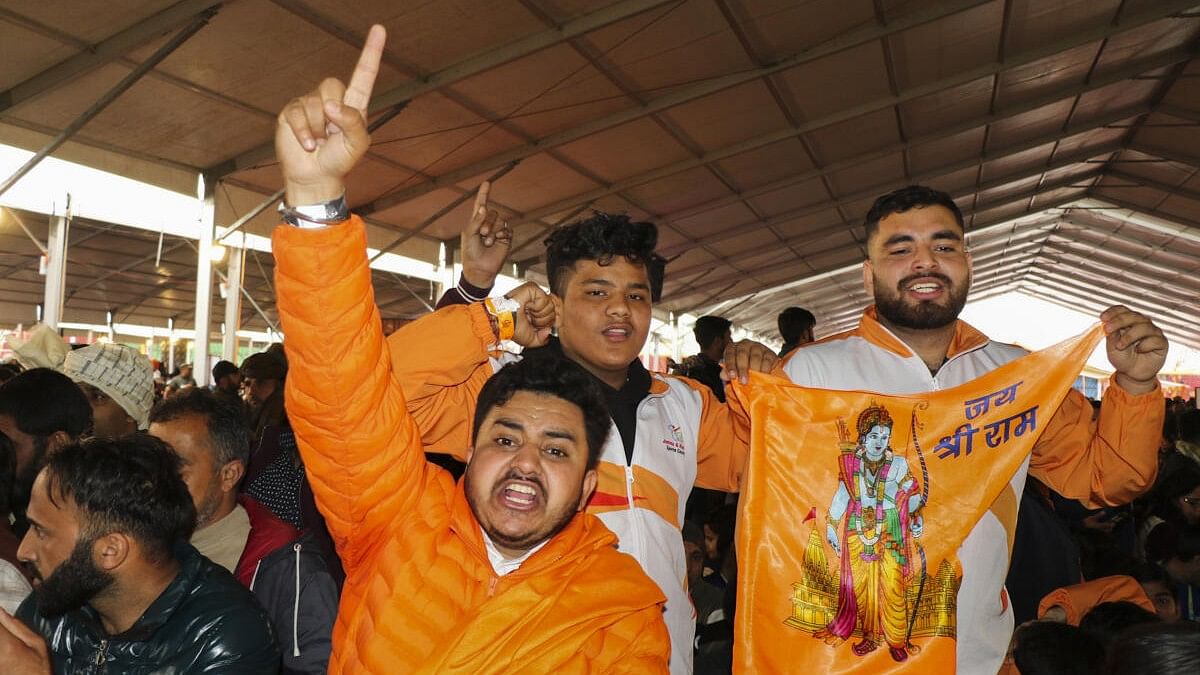 <div class="paragraphs"><p>Supporters cheer during the foundation stone laying and inauguration of various development projects by Prime Minister Narendra Modi, at Maulana Azad Stadium, in Jammu, Tuesday, Feb. 20, 2024.</p></div>