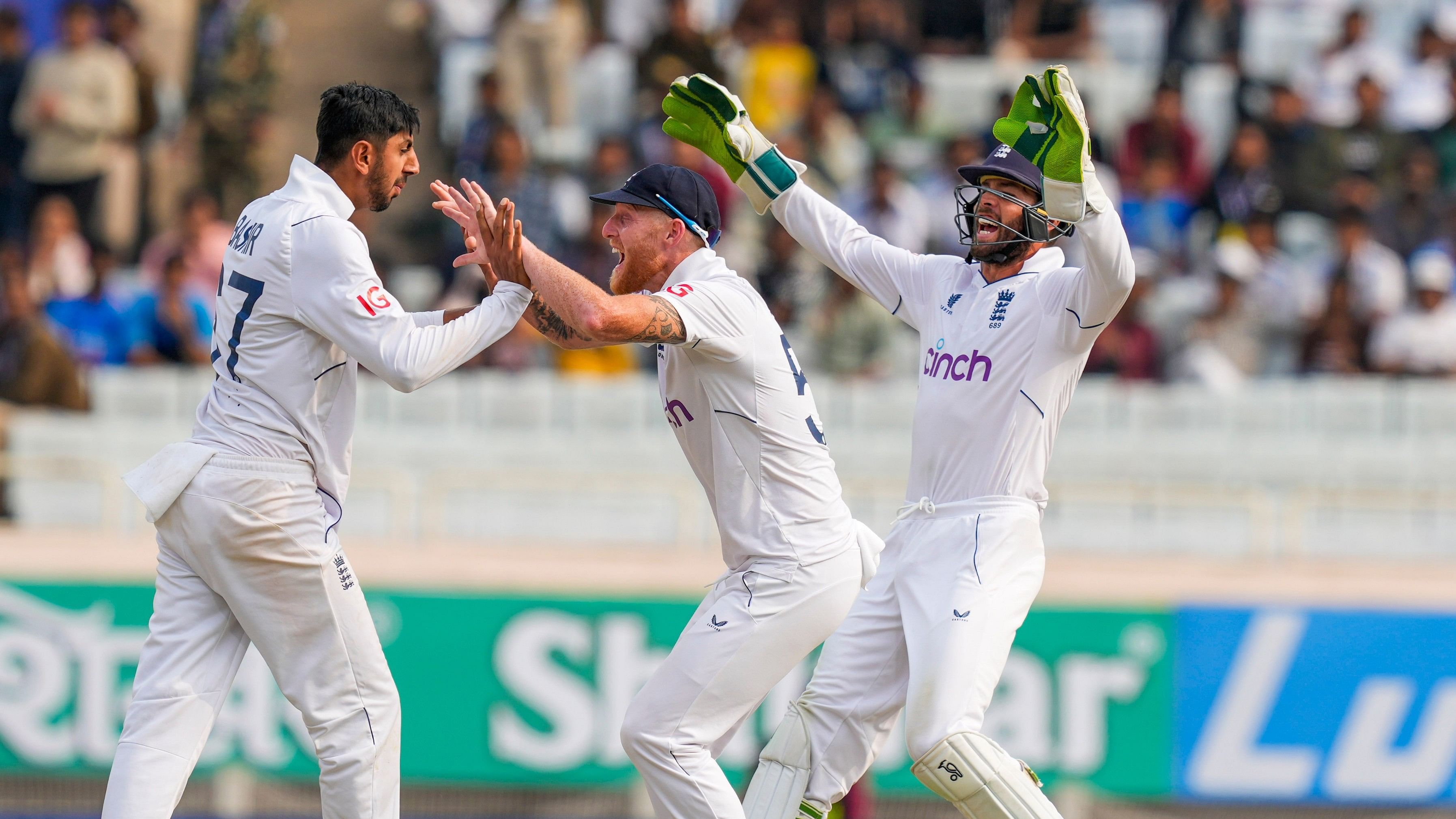 <div class="paragraphs"><p>England's Shoaib Bashir (left) celebrates with captain Ben Stokes and wicketkeeper Ben Foakes after dismissing Yashasvi Jaiswal on the second day of the fourth Test in Ranchi on Saturday. </p></div>