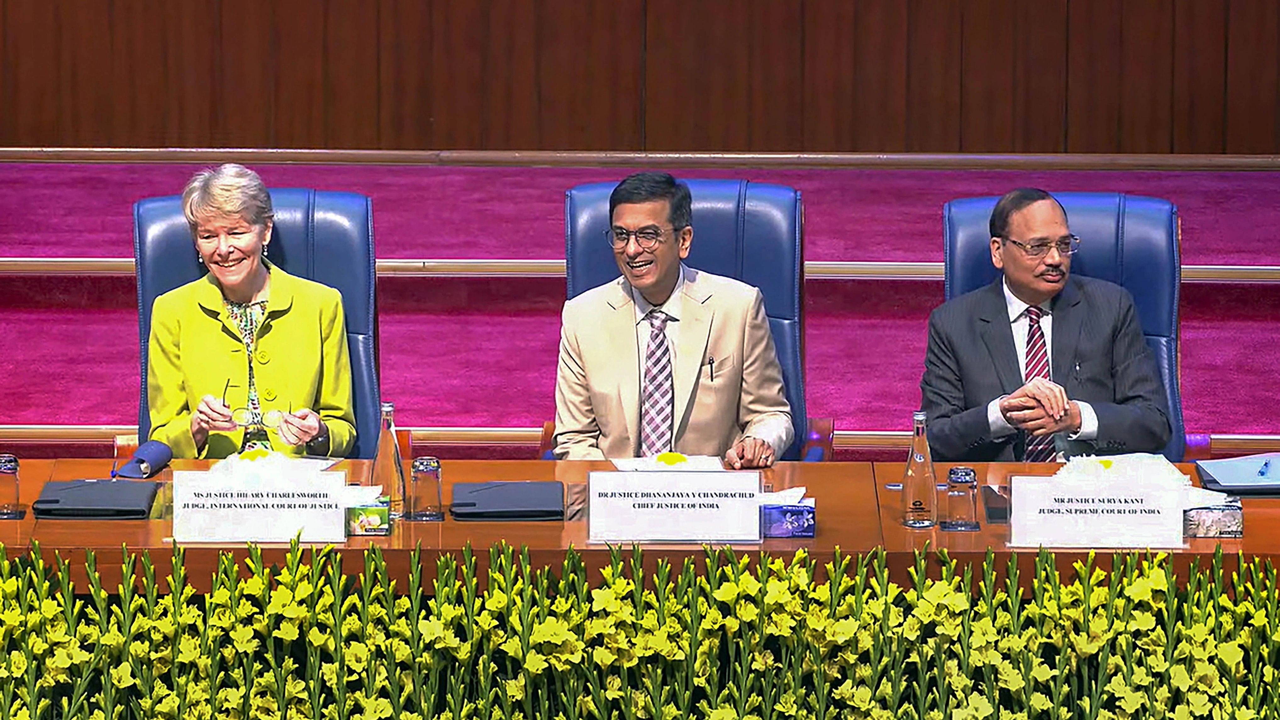 <div class="paragraphs"><p>Chief Justice of India (CJI) Justice DY Chandrachud with International Court of Justice judge Hilary Charlesworth and Supreme Court Judge Justice Surya Kant during the Foundation Day lecture, in New Delhi, Saturday, Feb. 10, 2024.</p></div>