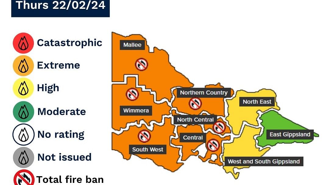 <div class="paragraphs"><p>Extreme fire danger for the Mallee, Wimmera, Northern Country, South West, North and Central districts.</p></div>