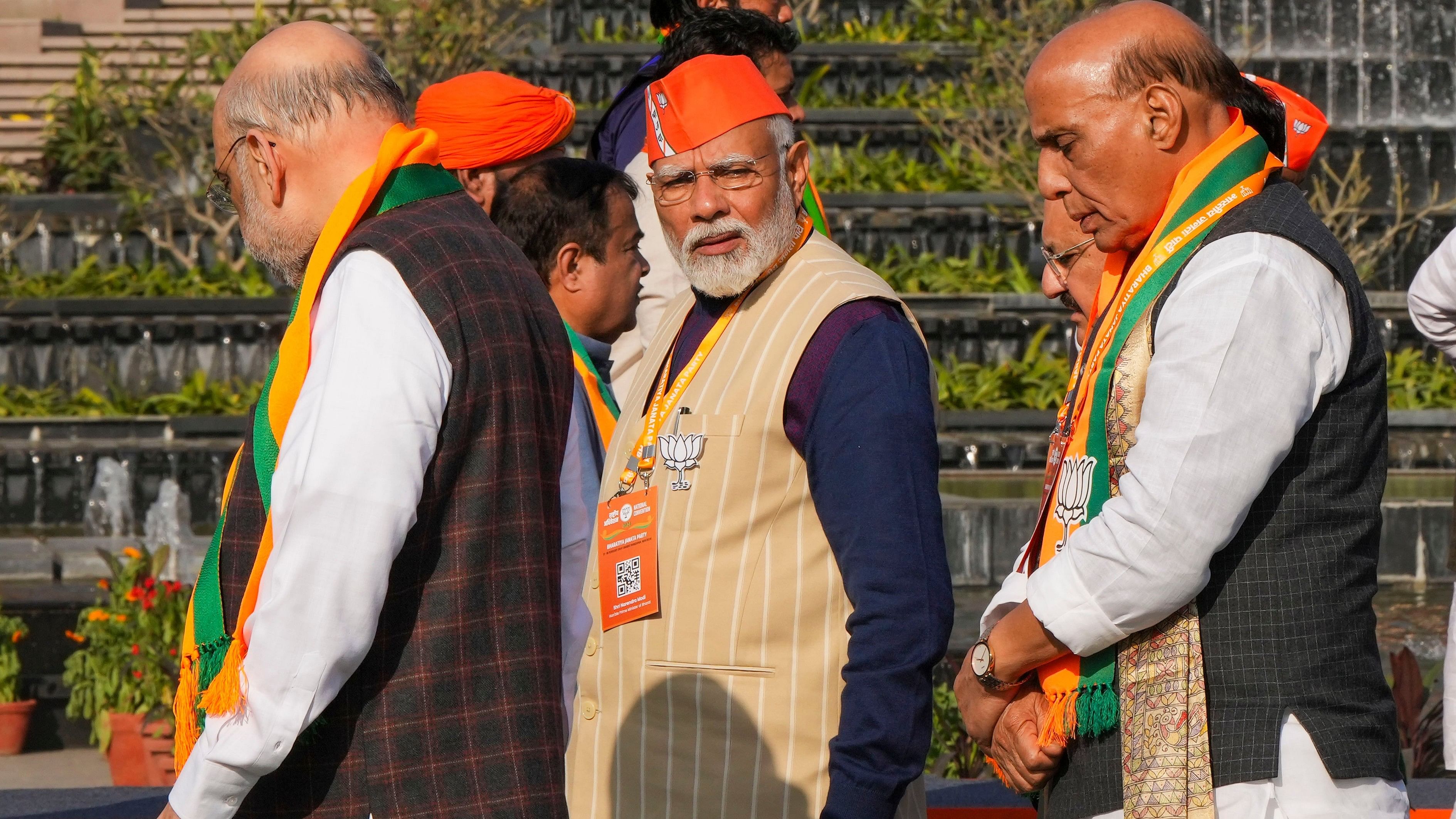 <div class="paragraphs"><p>Prime Minister Narendra Modi, Union Home Minister Amit Shah and Union Defence Minister Rajnath Singh leave after the BJP National Council meeting held recently at the Bharat Mandapam, in New Delhi.&nbsp;</p></div>