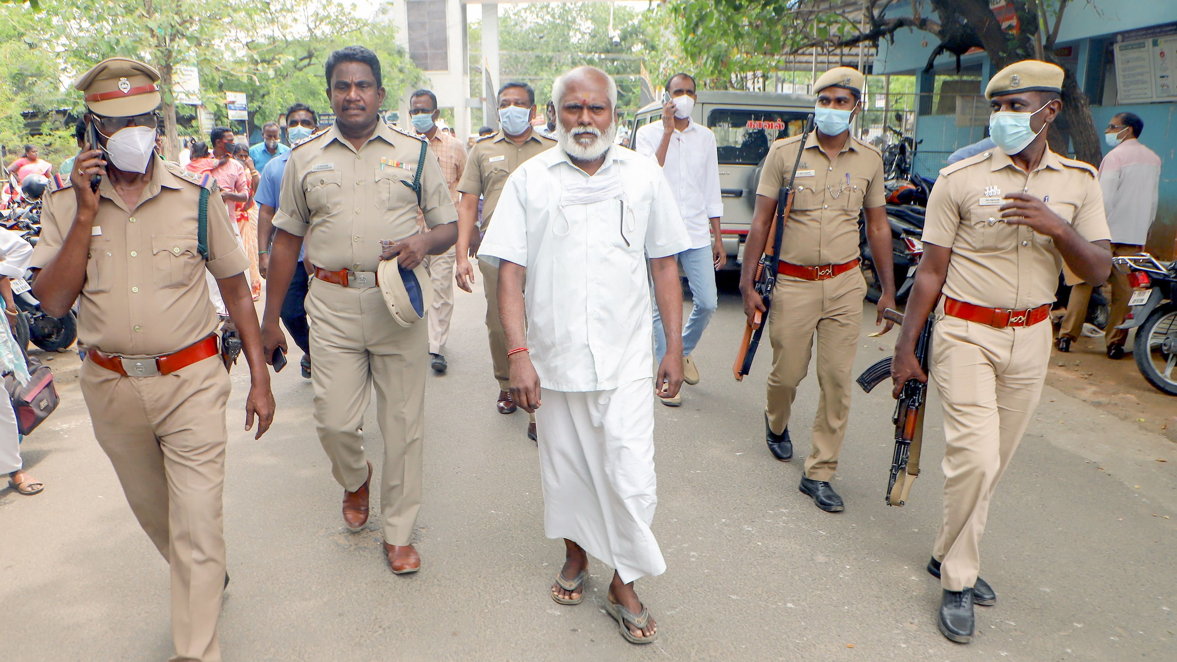 <div class="paragraphs"><p>Santhan, former prime minister Rajiv Gandhi assassination case convict, being taken to Vellore Government Medical College hospital for a general check-up, at Adukkamparai, in Vellore, Monday, May 9, 2022.</p></div>