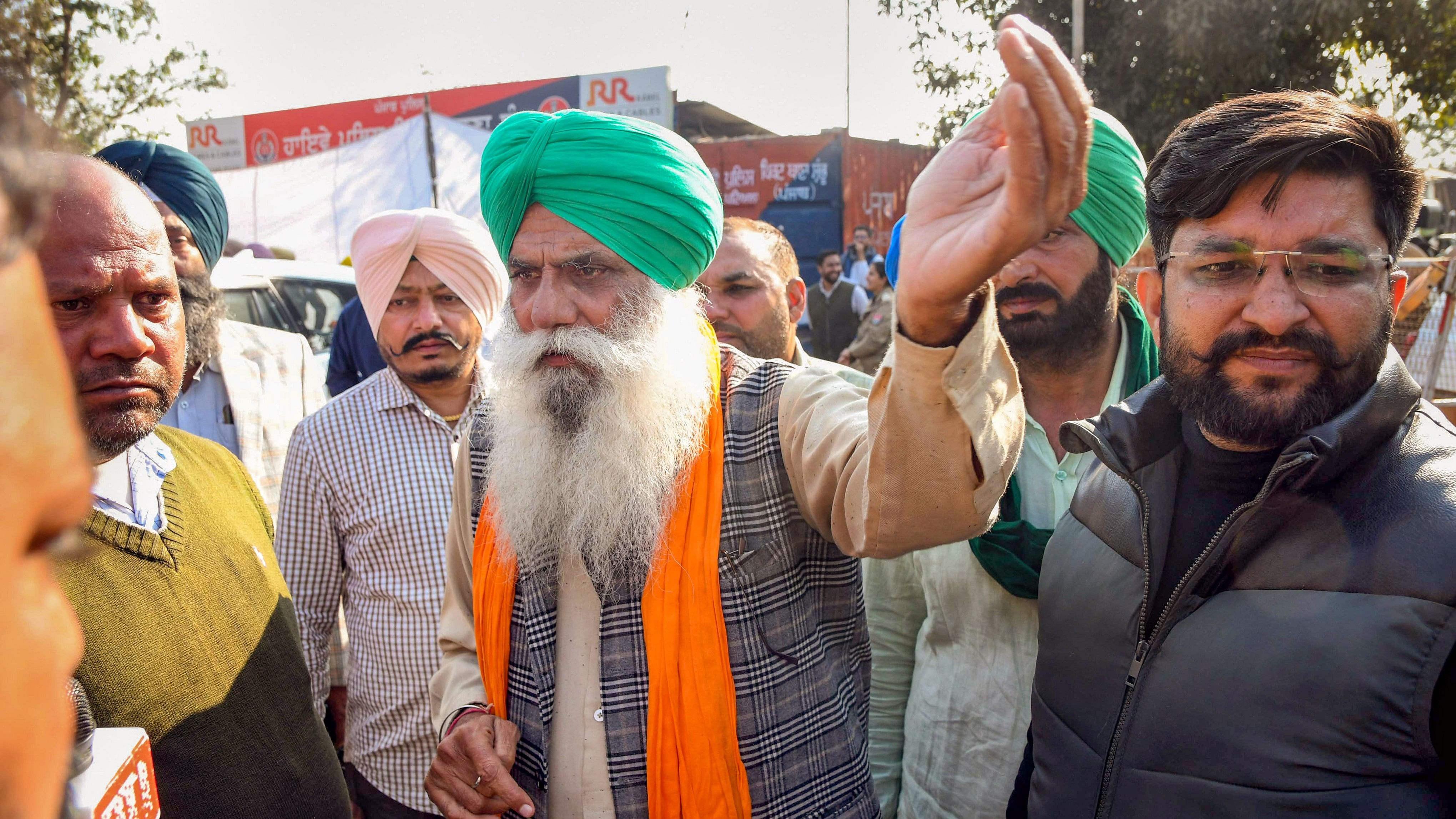 <div class="paragraphs"><p>Patiala: Farmer leader Jagjit Singh Dallewa addresses fellow farmers during the second day of their 'Delhi Chalo' march at the Punjab-Haryana Shambhu border.</p></div>