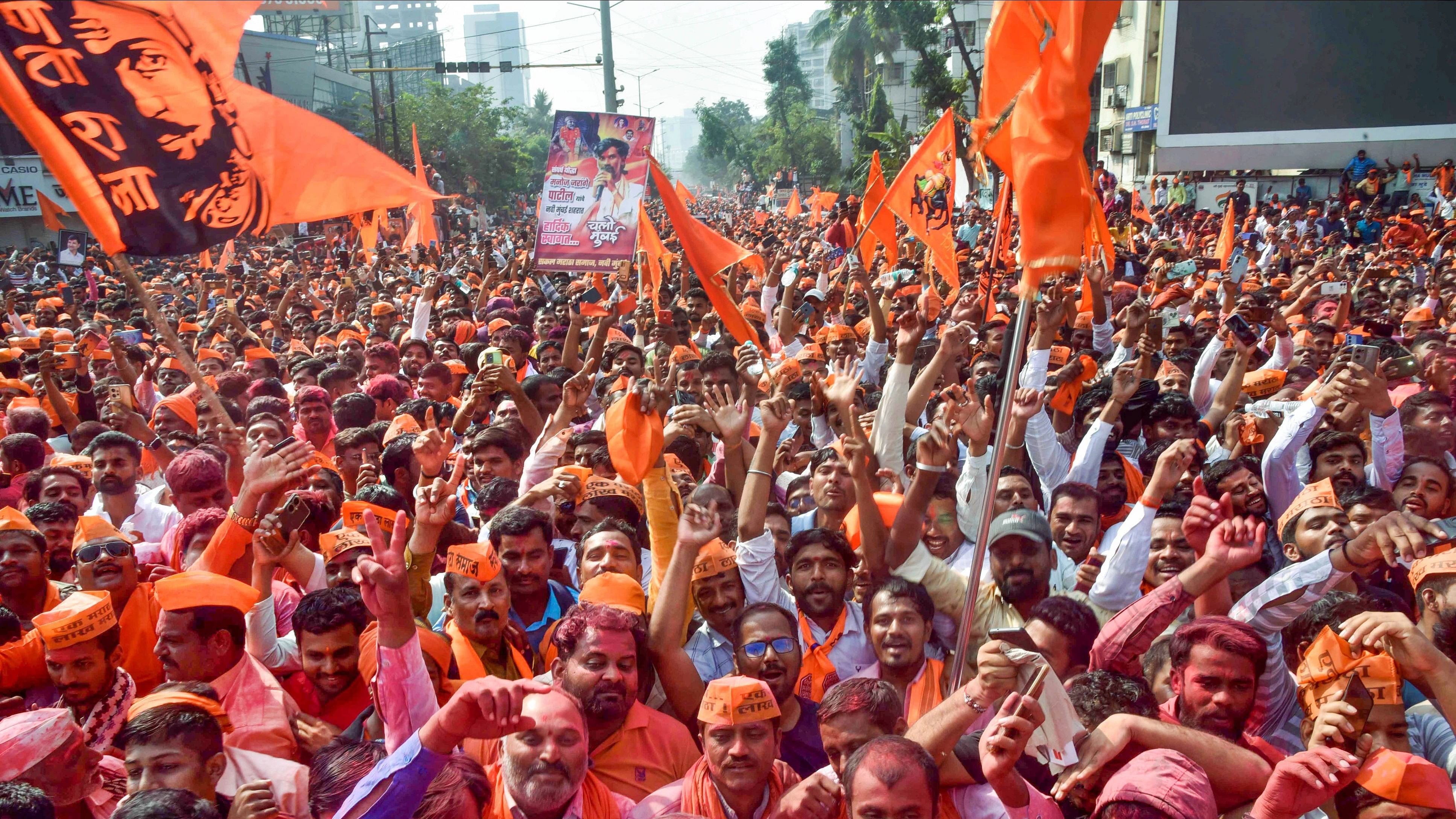 <div class="paragraphs"><p>Supporters of Maratha reservation activist Manoj Jarange Patil celebrate after the Maharashtra government accepted his demands, in Navi Mumbai, Saturday, Jan 27, 2024. </p></div>