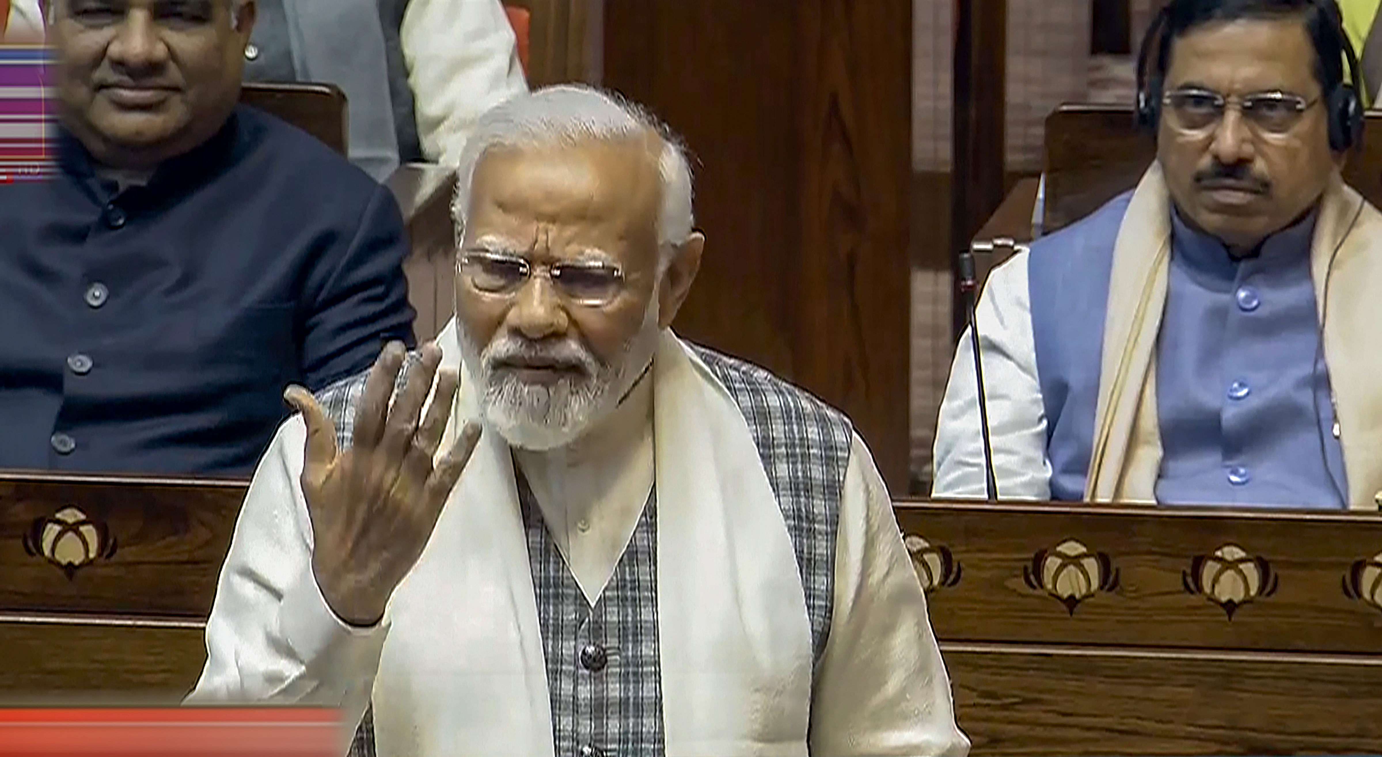 <div class="paragraphs"><p> Prime Minister Narendra Modi speaks in the Rajya Sabha during the Budget session of Parliament, in New Delhi, Wednesday, Feb 7, 2024. </p></div>