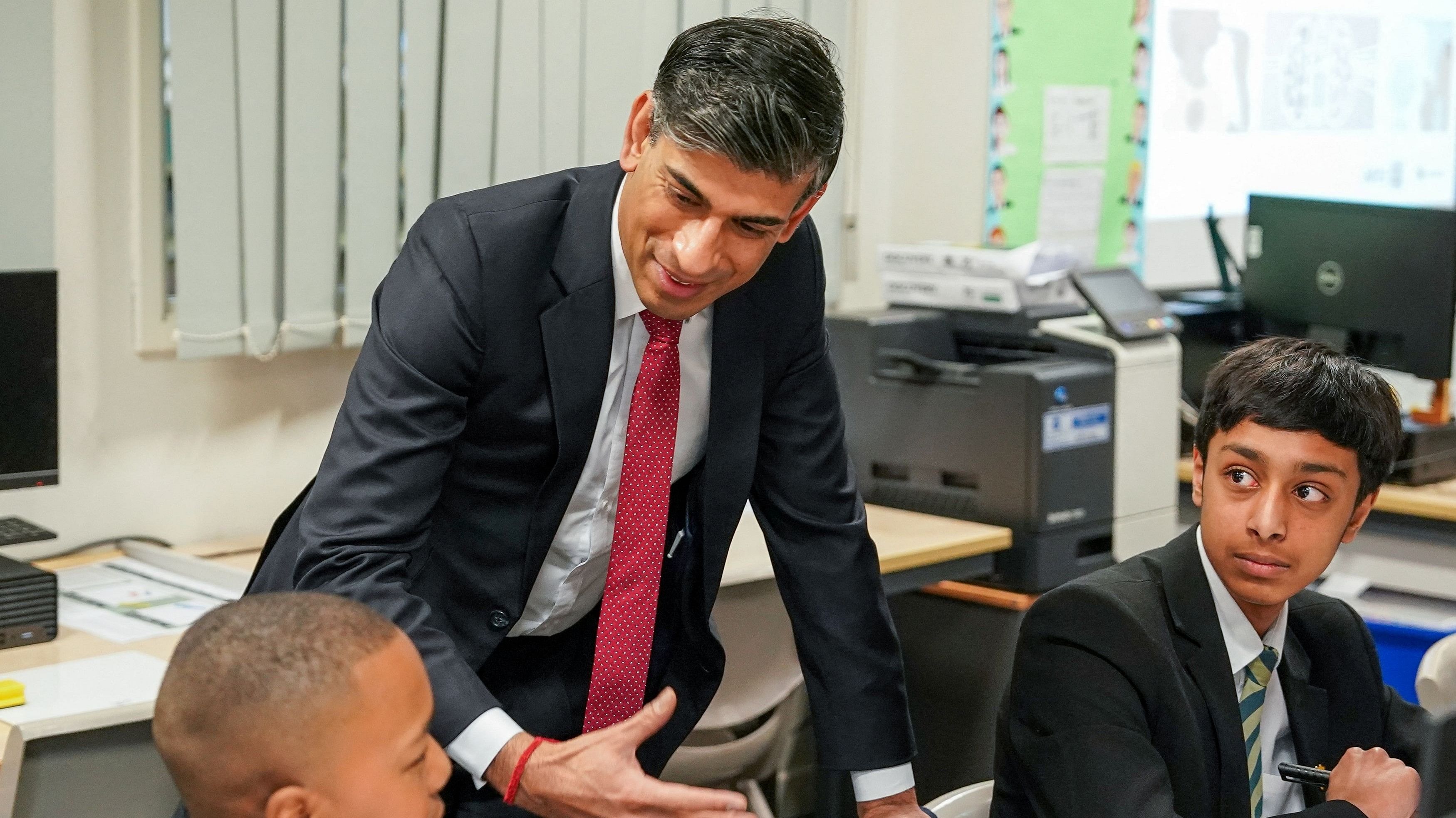 <div class="paragraphs"><p>British Prime Minister Rishi Sunak meets Year 9 students taking part in a personal development lesson as he visits Haughton Academy to outline plans for the banning of single-use vapes.</p></div>