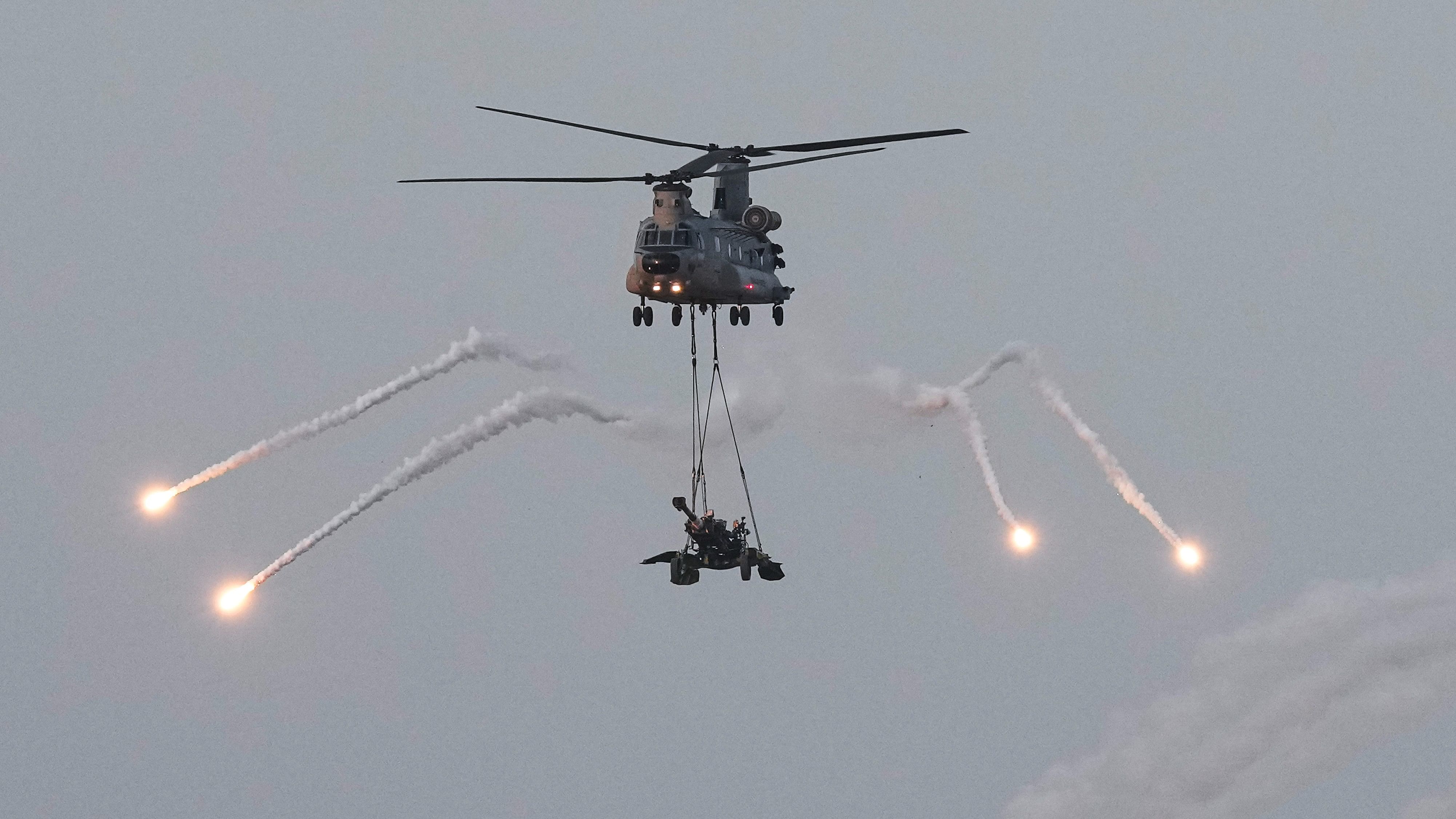 <div class="paragraphs"><p>An Indian Air Force (IAF) chopper during a fire power demonstration at the Vayu Shakti 2024 at Pokhran Range, in Jaisalmer district, Saturday, February 17, 2024.</p></div>