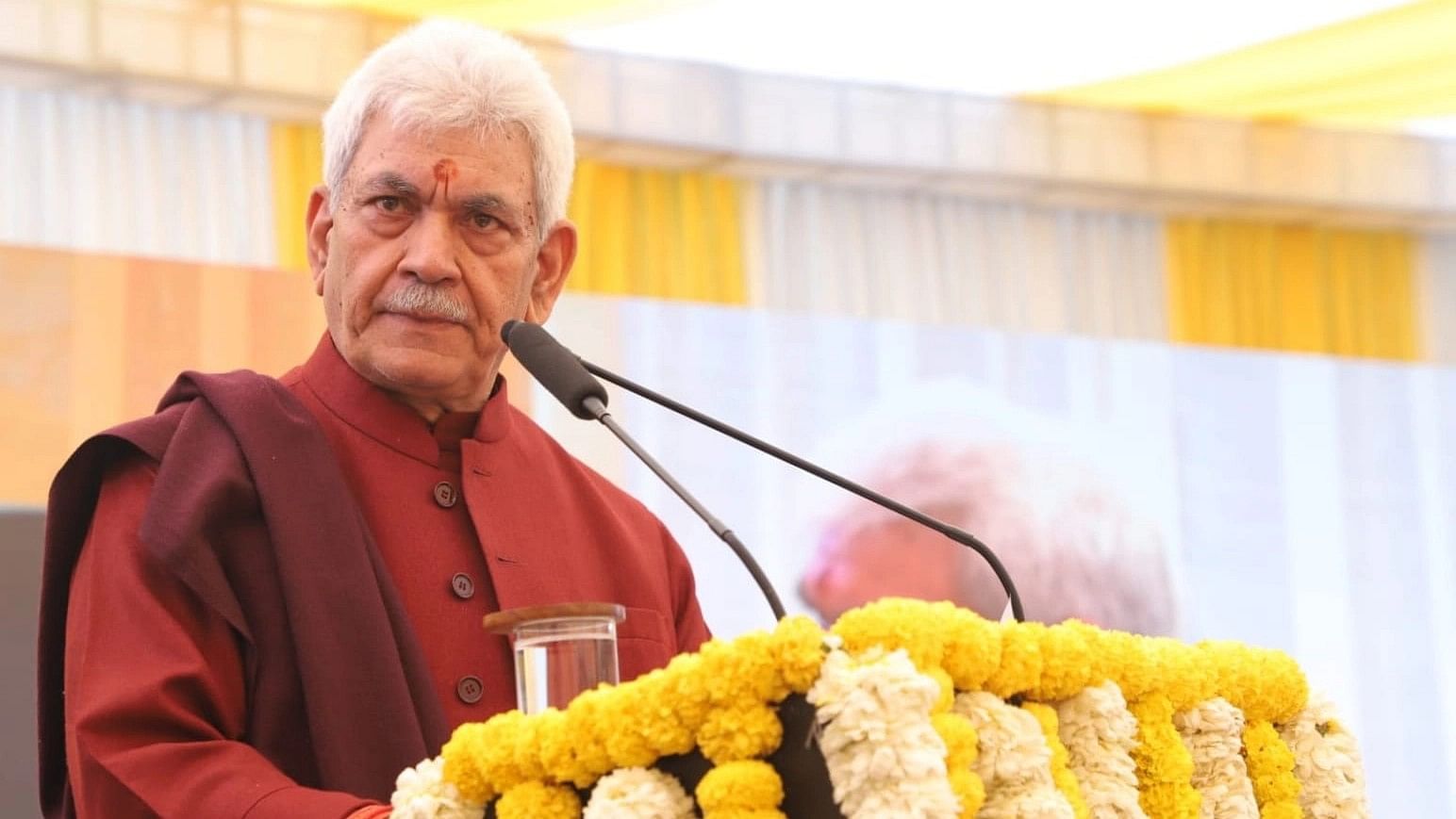 <div class="paragraphs"><p>A file photo of Jammu and Kashmir Lt Governor Manoj during the inauguration of various new projects undertaken by J&amp;K's Resident Commission at New Delhi.</p></div>