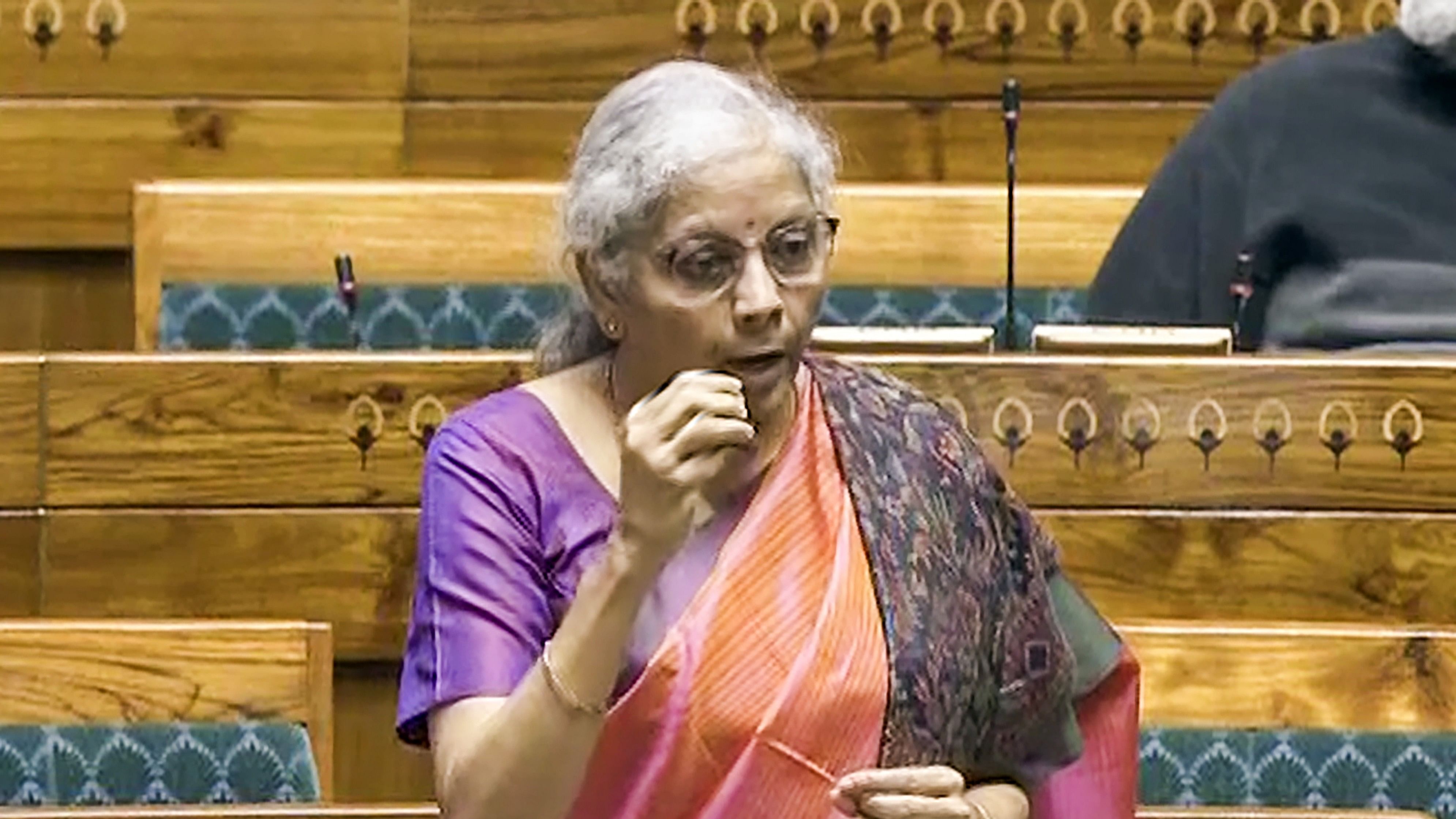 <div class="paragraphs"><p>Finance Minister Nirmala Sitharaman speaks in the Lok Sabha on Monday. </p></div>