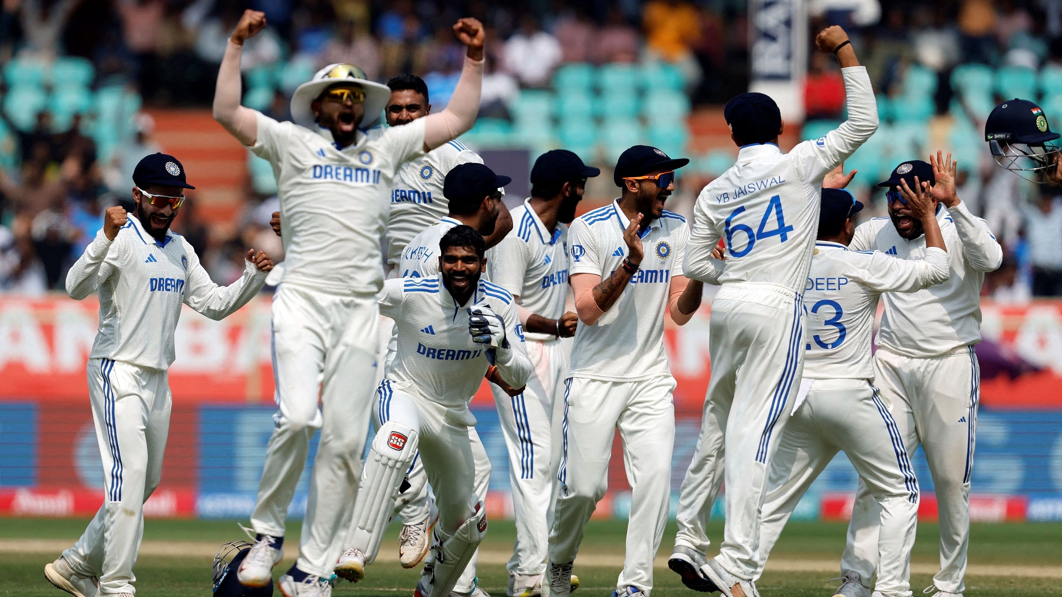 <div class="paragraphs"><p>Indian players celebrate after third umpire confirms the run-out of England skipper Ben Stokes on the fourth day of the second Test in&nbsp;Visakhapatnam on Monday. </p></div>