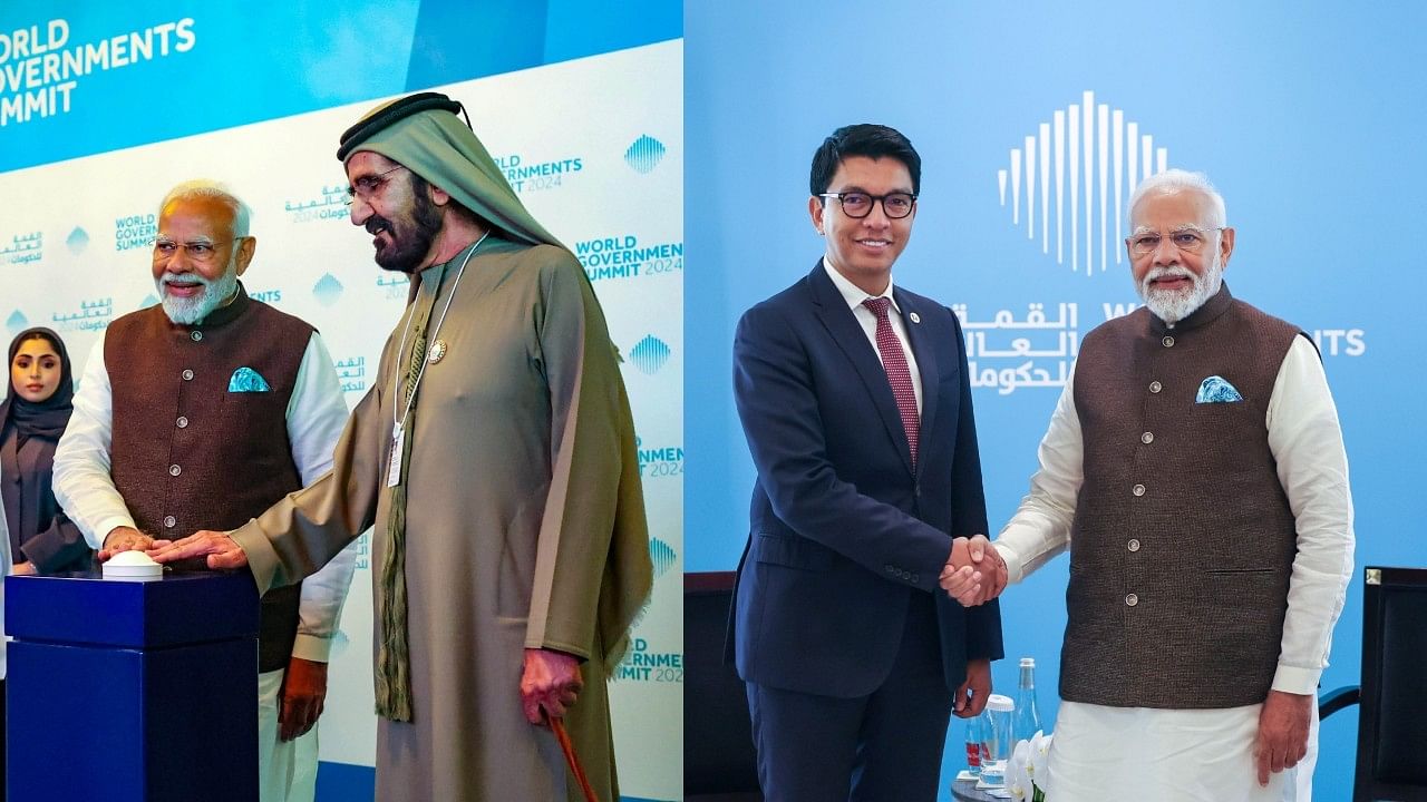 <div class="paragraphs"><p>(From left to right) Prime Minister Narendra Modi with Prime Minister of the UAE Sheikh Mohammed bin Rashid Al Maktoum in Dubai;&nbsp;Prime Minister Narendra Modi with President of Madagascar Andry Rajoelina during a meeting, in Abu Dhabi, on Wednesday.</p></div>