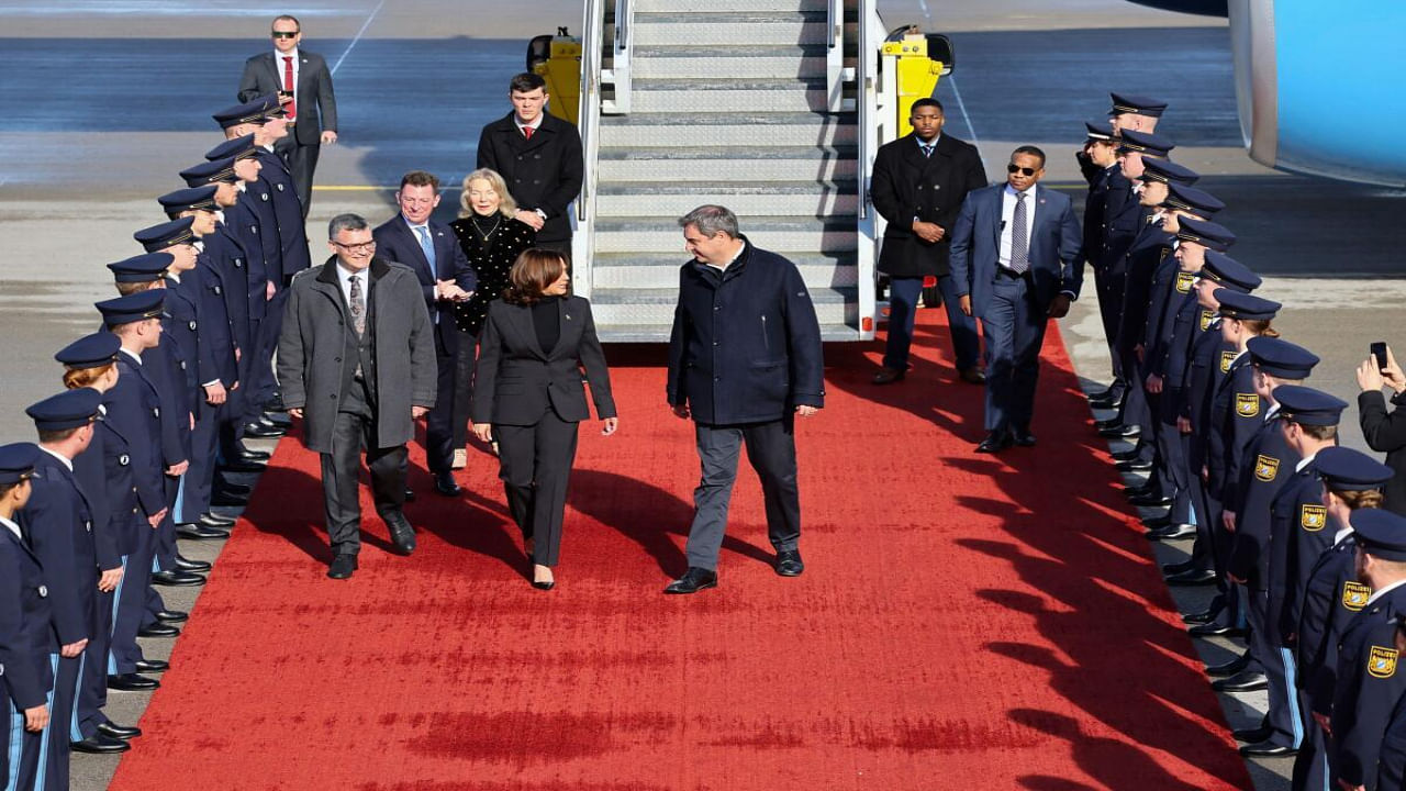 <div class="paragraphs"><p>US Vice President Kamala Harris is welcomed by Bavarian Premier Markus Soeder as she arrives to attend the international Munich Security Conference (MSC), at Munich Franz Josef Strauss Airport, Germany</p></div>