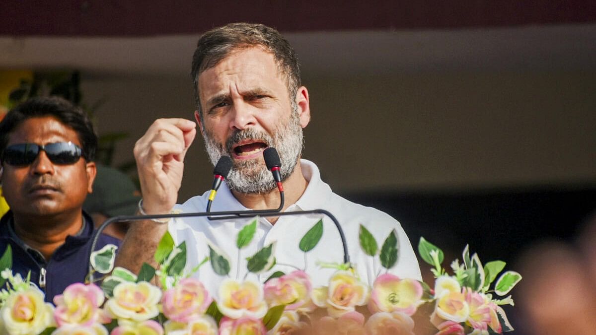 <div class="paragraphs"><p>Congress leader Rahul Gandhi addresses a public meeting during the ‘Bharat Jodo Nyay Yatra’.</p></div>