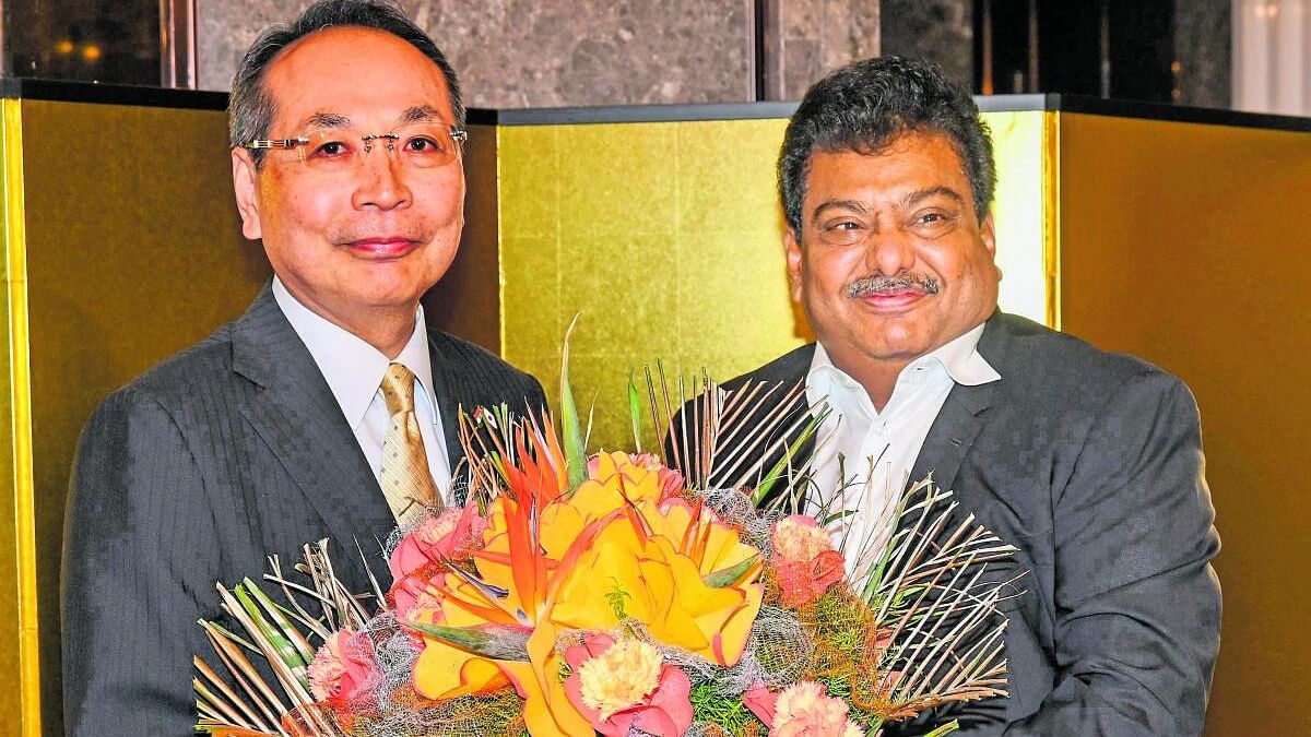 <div class="paragraphs"><p>M B Patil,(right) Large and Medium Industries, Infrastructure Minister greets Nakane Tsutomu Consul General, Consul General of Japan in Bengaluru on the occassion of Japan National Day Reception, Birth day of the Japan emperor Naruhito organised by Consul General of Japan in Bengaluru at Shangri-la in Bengaluru on Friday, 23rd February 2024.</p></div>