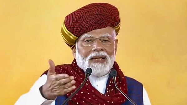 <div class="paragraphs"><p>Prime Minister Narendra Modi speaks at the launch of development works, in Rajkot, Sunday, Feb. 25, 2024.</p></div>