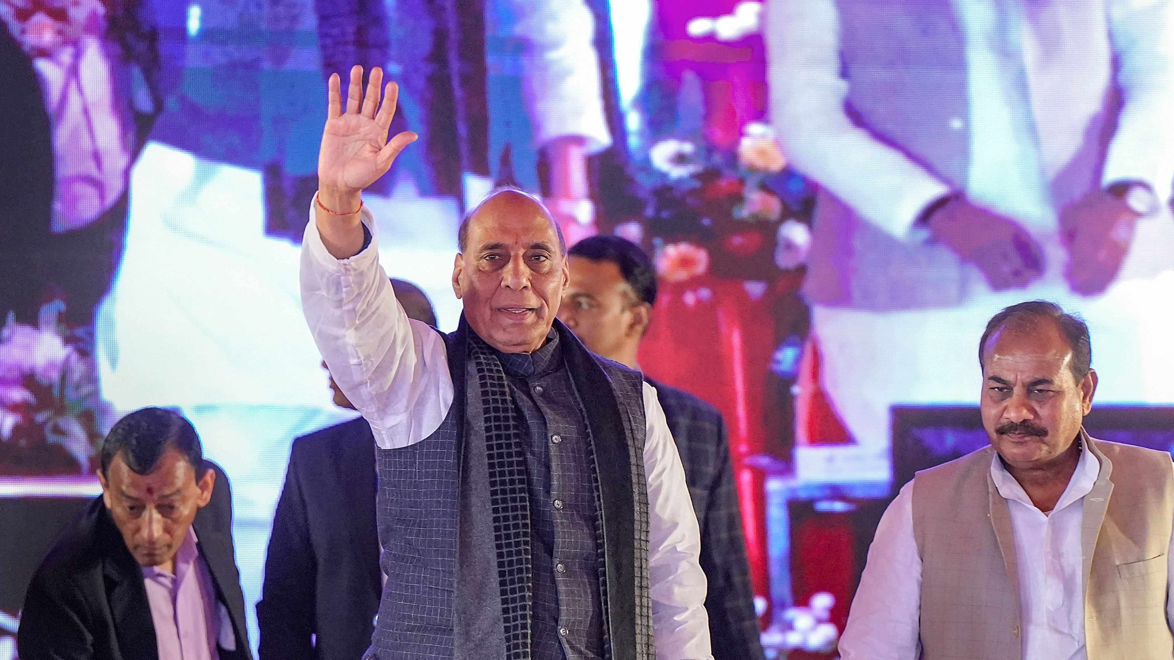 <div class="paragraphs"><p>Defence Minister Rajnath Singh during the inauguration of the revamped Gomti Nagar railway station, in Lucknow, Monday, Feb. 26, 2024. Prime Minister Narendra Modi virtually inaugurated the station.</p></div>