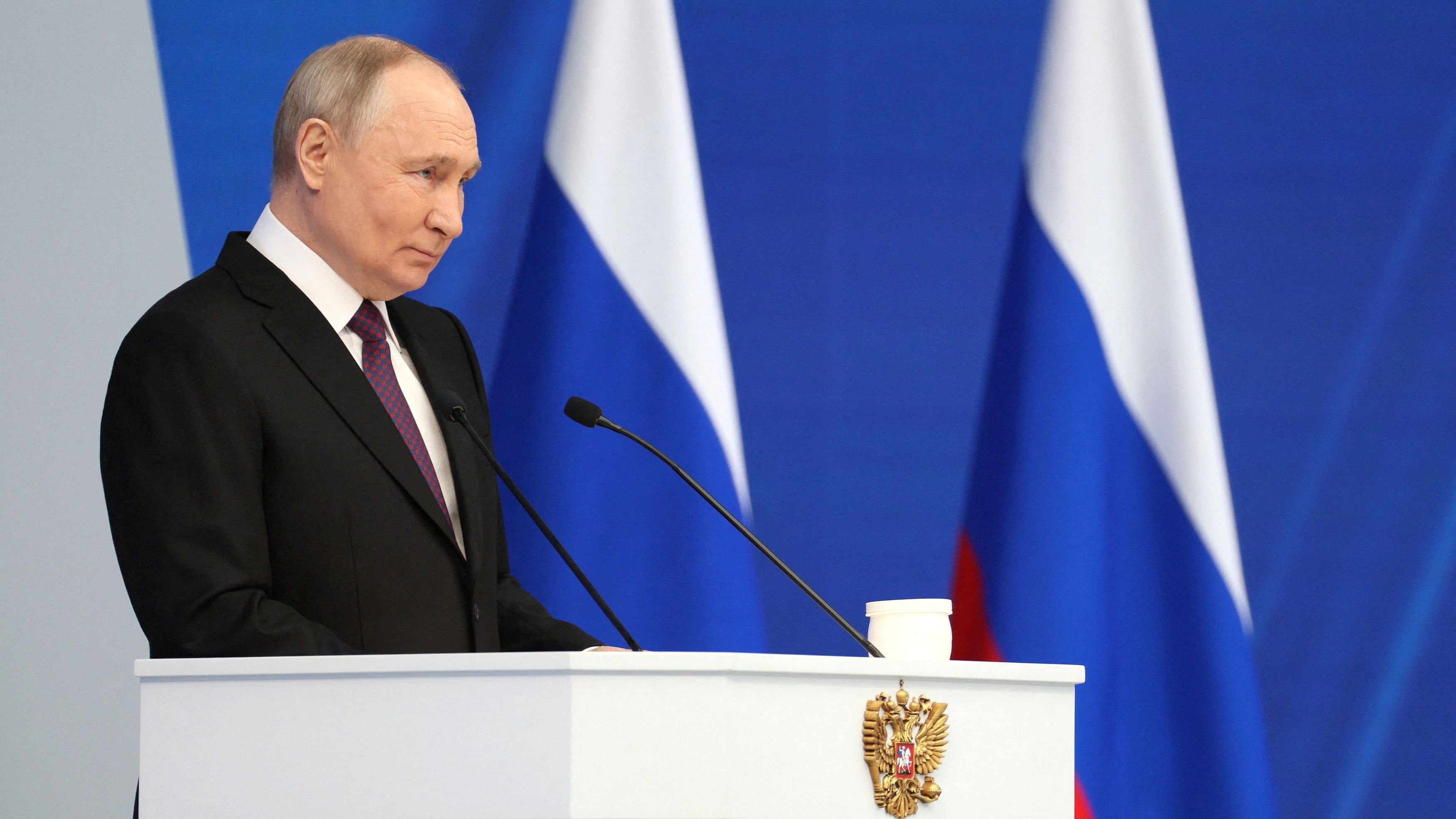 <div class="paragraphs"><p>Russian President Vladimir Putin delivers his annual address to the Federal Assembly, in Moscow, Russia, February 29, 2024.</p></div>