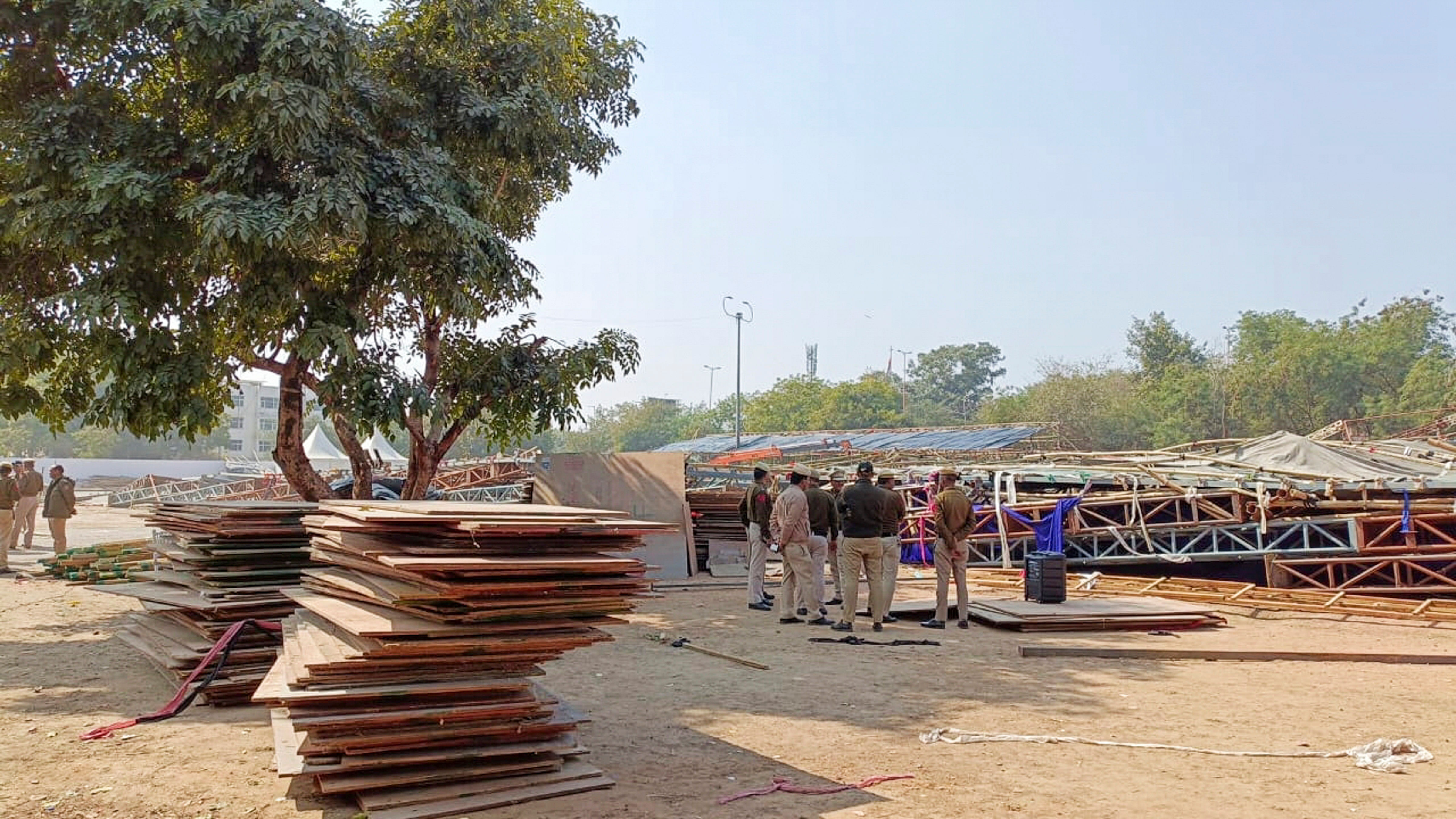 <div class="paragraphs"><p>New Delhi: Police at the site after a pandal installed near Gate No. 2 of Jawaharlal Nehru Stadium collapsed, in New Delhi, Saturday, Feb. 17, 2024. </p></div>