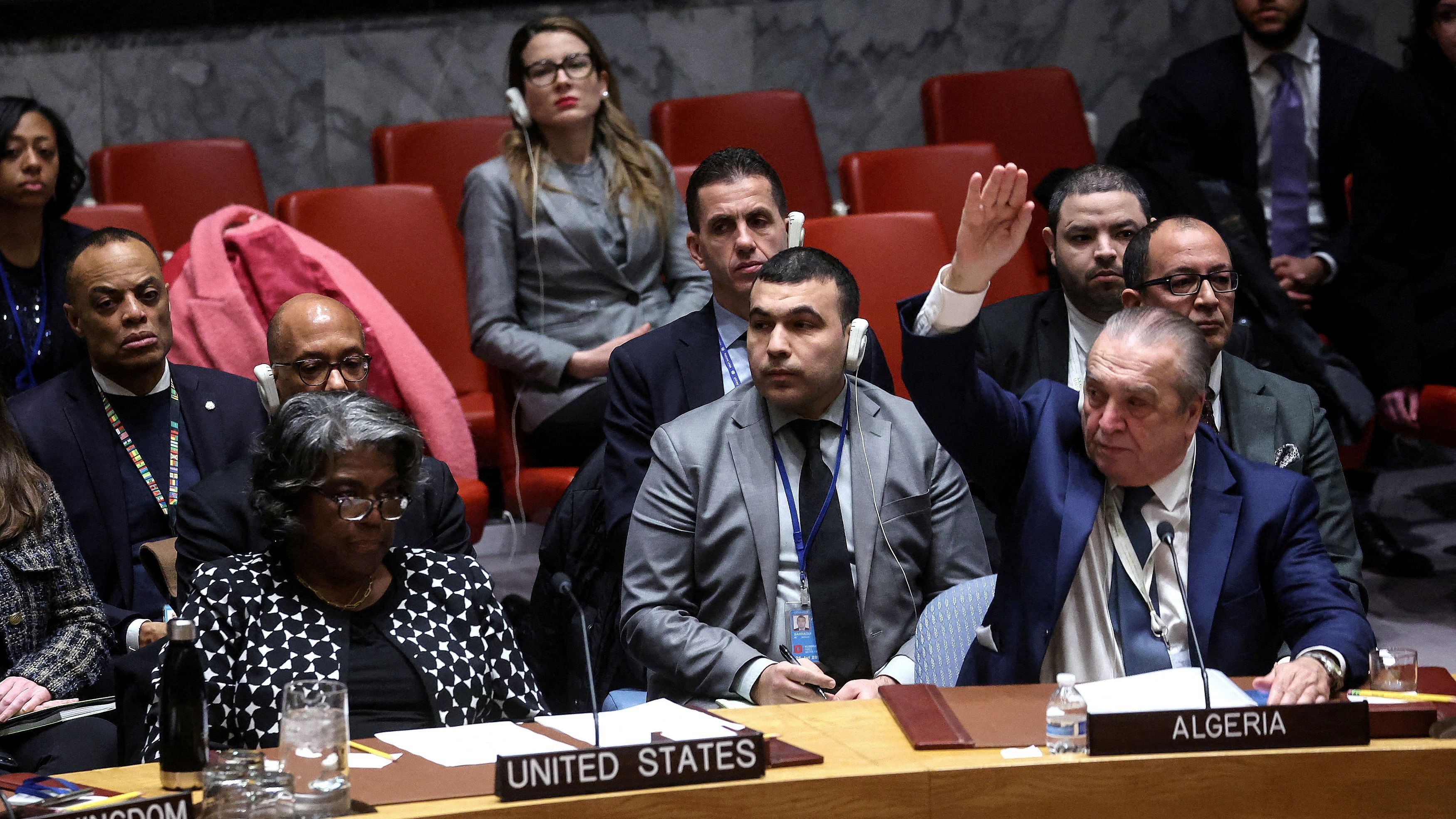 <div class="paragraphs"><p>Algeria’s Ambassador to the United Nations Amar Bendjama votes in favor as U.S. Ambassador to the United Nations Linda Thomas-Greenfield vetoes a vote on a UN Security Council resolution to demand an immediate humanitarian ceasefire in Gaza, amid the ongoing conflict between Israel and Hamas, at UN headquarters in New York.</p></div>