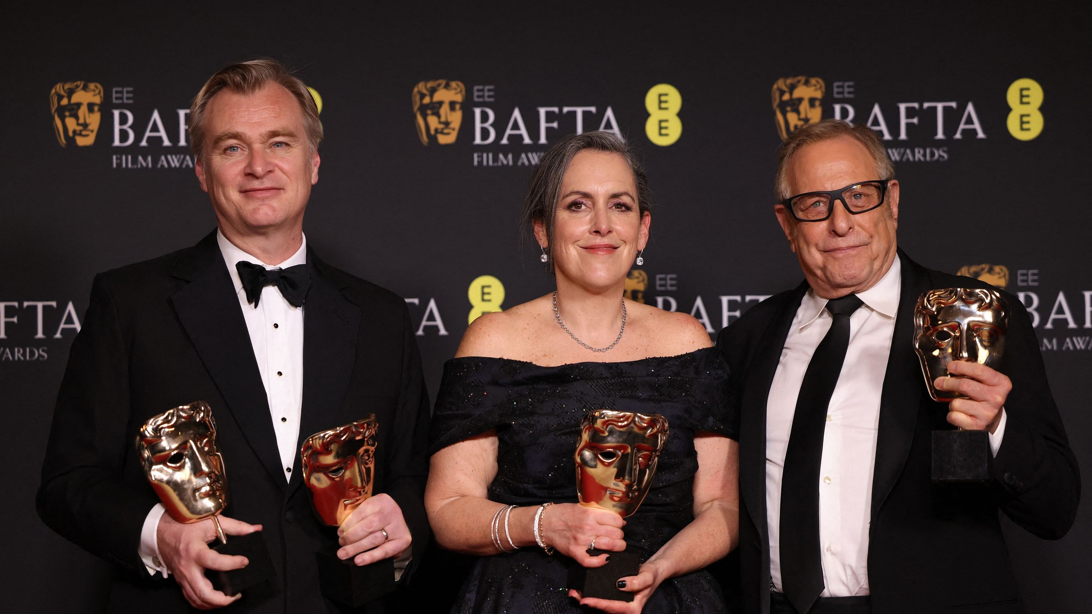 <div class="paragraphs"><p>Christopher Nolan, winner of the awards for Director and Best Film for 'Oppenheimer' and producers Charles Roven and Emma Thomas, pose in the winner's room with their awards, during the 2024 British Academy of Film and Television Awards (BAFTA) at the Royal Festival Hall in the Southbank Centre, London, Britain.</p></div>