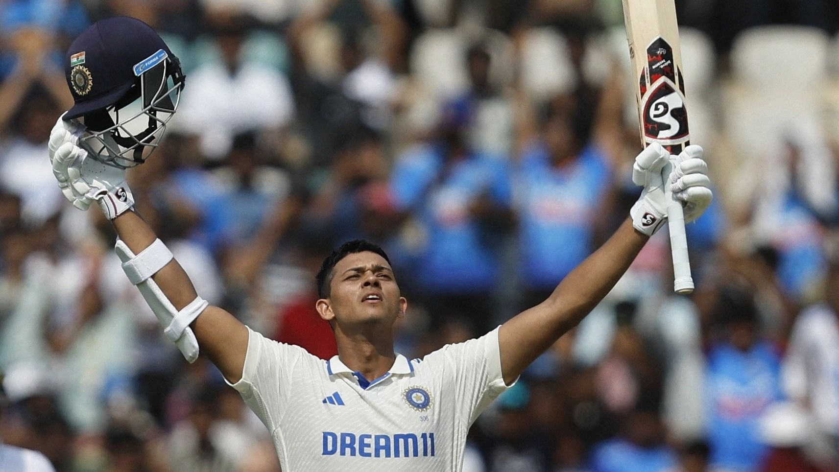 <div class="paragraphs"><p>India's Yashasvi Jaiswal celebrates after reaching his century on the opening day of their second Test against England in Visakhapatnam on Friday. </p></div>