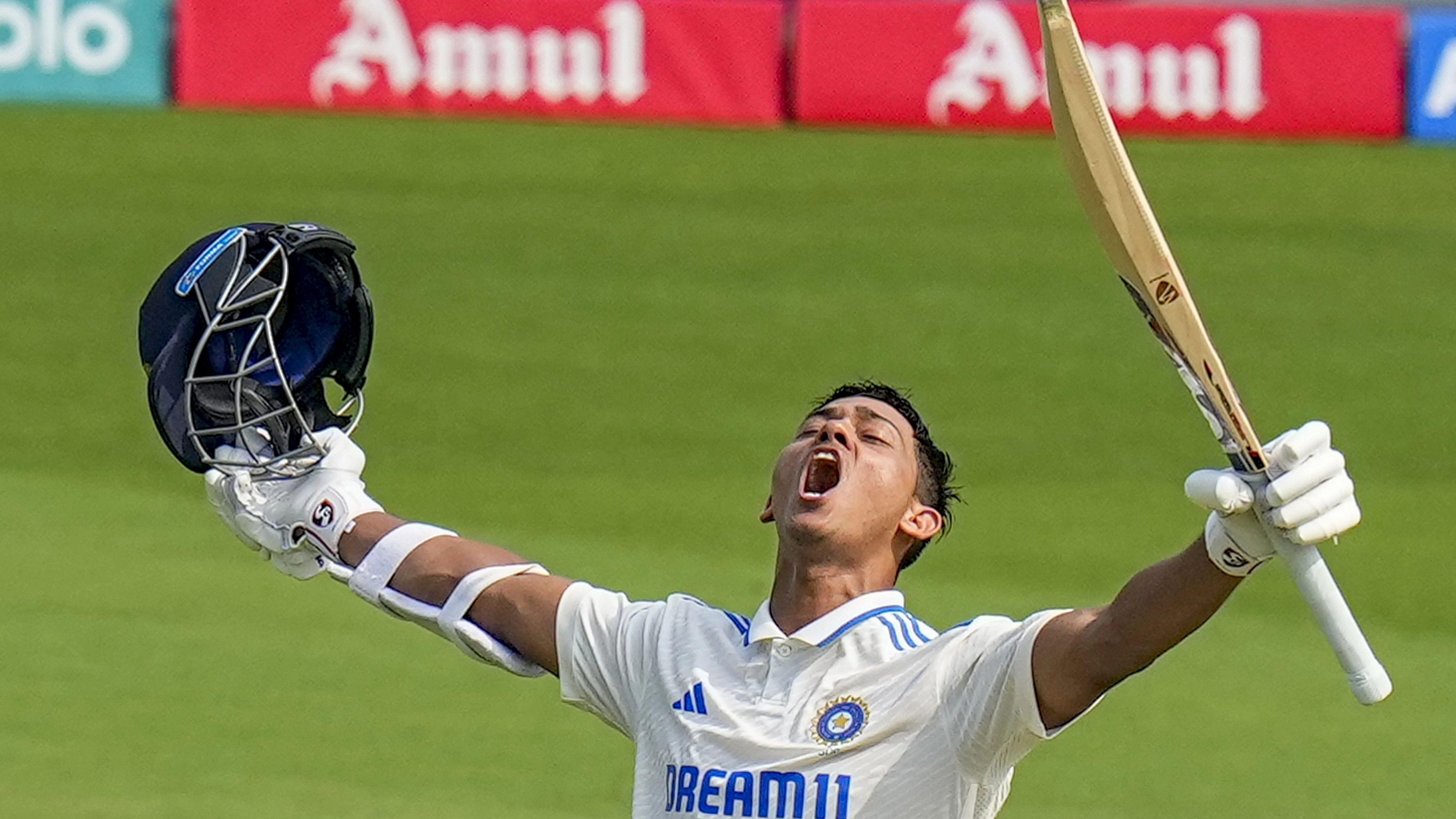 <div class="paragraphs"><p>Yashasvi Jaiswal celebrates after scoring double century on the second day of the second cricket test match between India and England, at Dr YS Rajasekhara Reddy ACA-VDCA Cricket Stadium, in Visakhapatnam, Saturday, Feb. 3, 2024.</p></div>