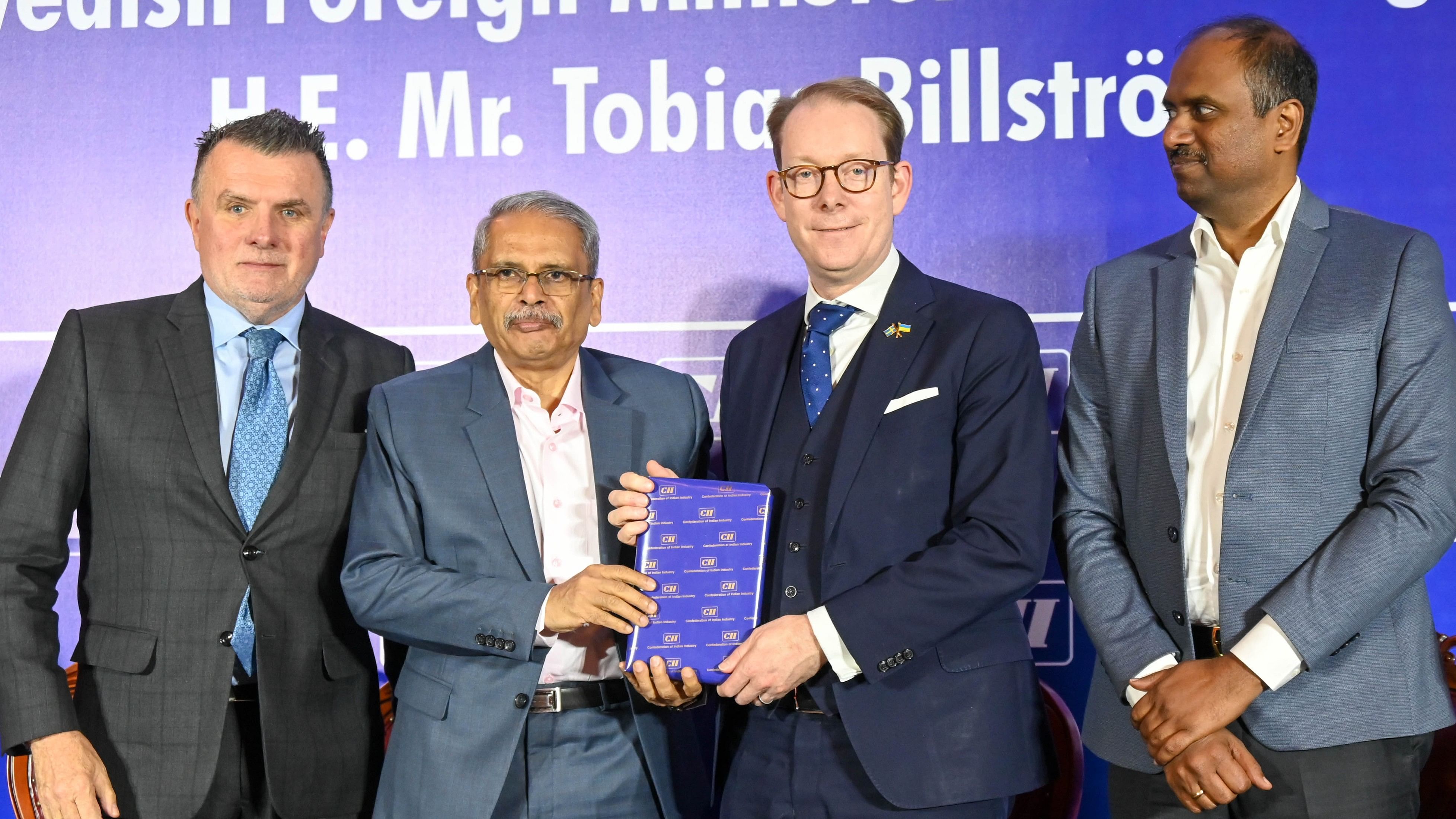 <div class="paragraphs"><p>Swedish foreign minister&nbsp;Tobias Billström with CII leadership in Bengaluru on Tuesday  (From Left) Jan Thesleff, Ambassador of Sweden to India, Kris Gopalakrishnan, Past President CII &amp; Co-Founder Infosys, Tobias Billström, Minister for Foreign Affairs, Government of Sweden and Vijaykrishnan Venkatesan, Chairman, CII are seen during a Special Session on Digitalisation &amp; Innovation, organised by Confederation of Indian Industry (CII), at Hotel Taj M G Road, in Bengaluru on Tuesday. </p></div>