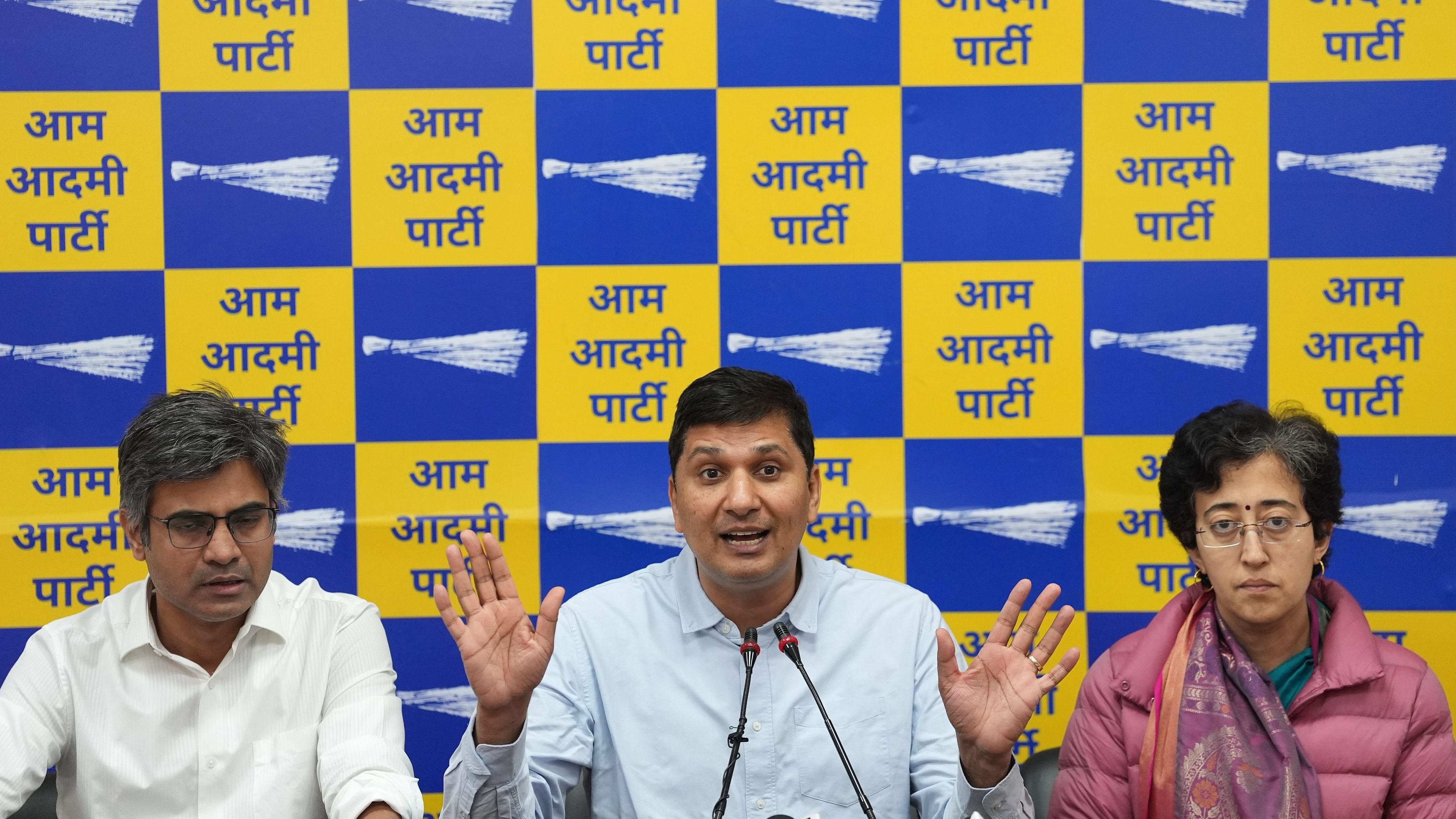 <div class="paragraphs"><p>New Delhi: Delhi Ministers and AAP leaders Atishi and Saurabh Bharadwaj with AAP MP Sandeep Pathak address a press conference, in New Delhi, Friday, Feb. 23, 2024.</p></div>