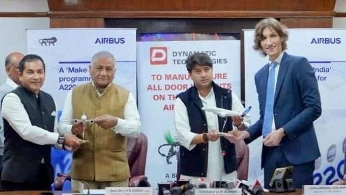 <div class="paragraphs"><p>Rémi Maillard, President &amp; Managing Director, Airbus India &amp; South Asia, presents an A220 aircraft model to Civil Aviation Minister Jyotiraditya M Scindia, in the presence of Gen. VK Singh (retd), MoS Civil Aviation and Road Transport &amp; Highways, and Udayant Malhoutra, CEO &amp; Managing Director, Dynamatic Technologies, in Delhi.</p></div>