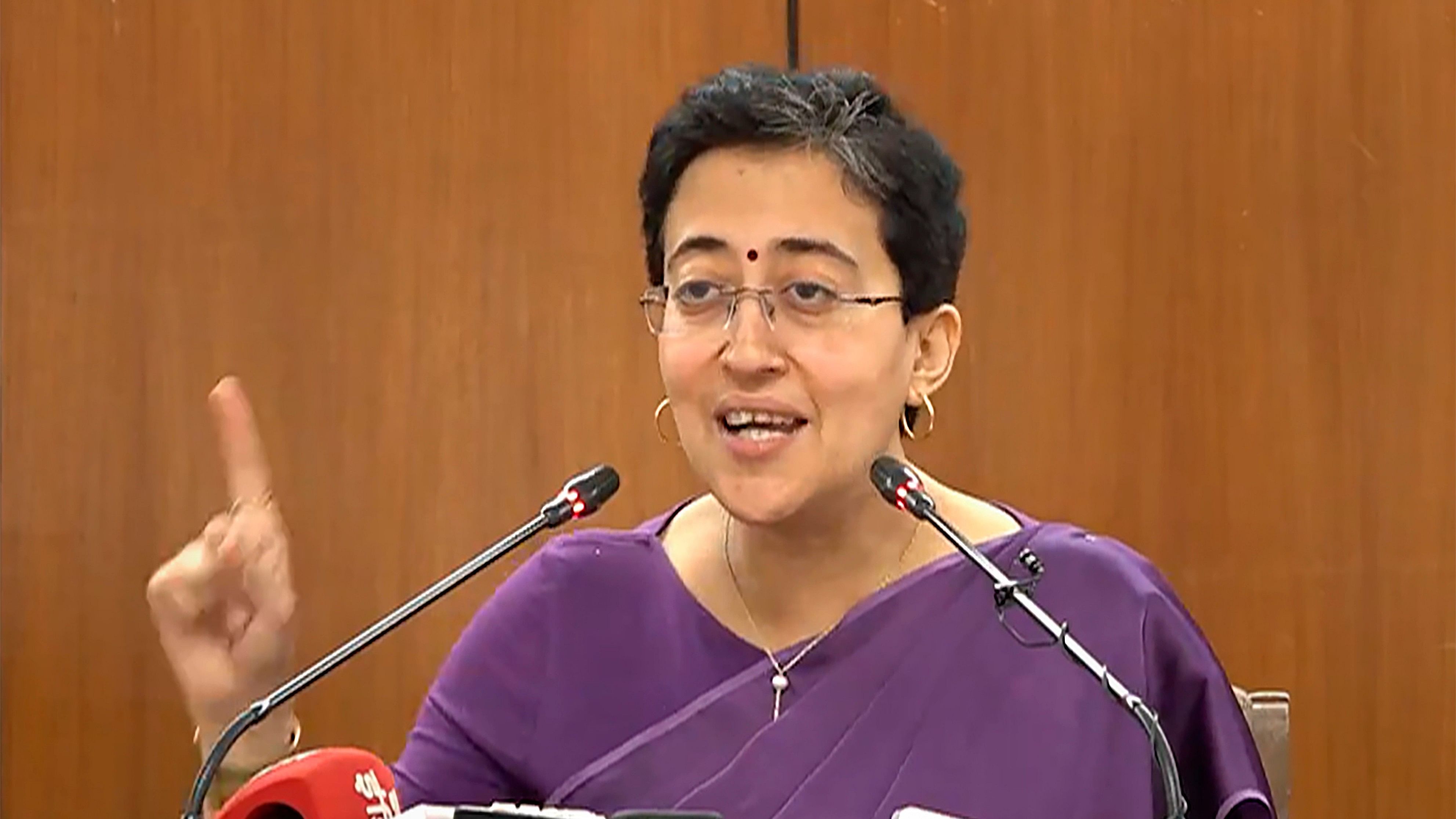 <div class="paragraphs"><p>Delhi power minister Atishi addresses a press conference, in New Delhi, on Wednesday.</p></div>