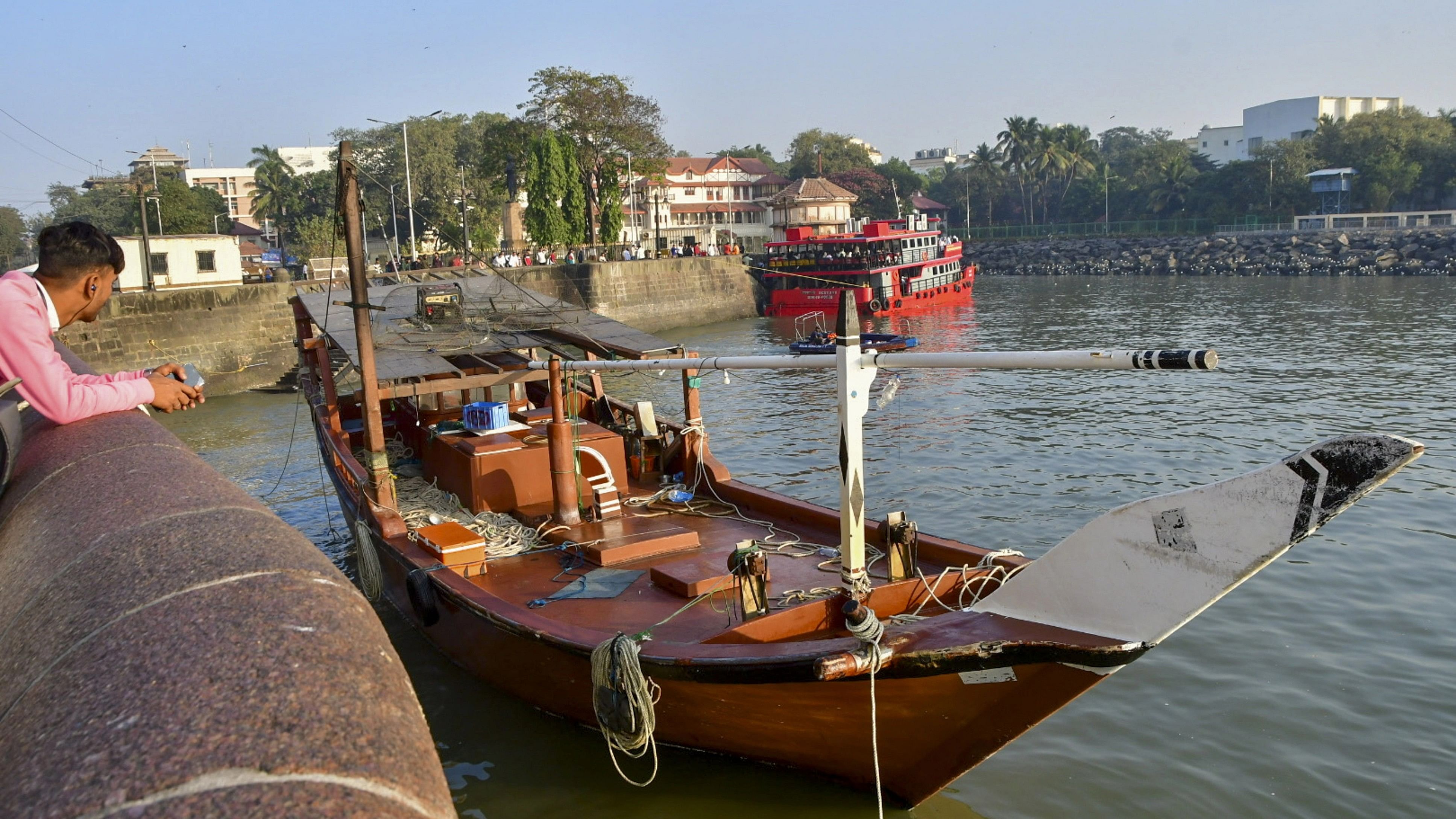 <div class="paragraphs"><p>Mumbai: A boat, which was used by three persons who arrived from Kuwait, anchored at the Gateway of India, in Mumbai, Wednesday, Feb. 7, 2024. </p></div>