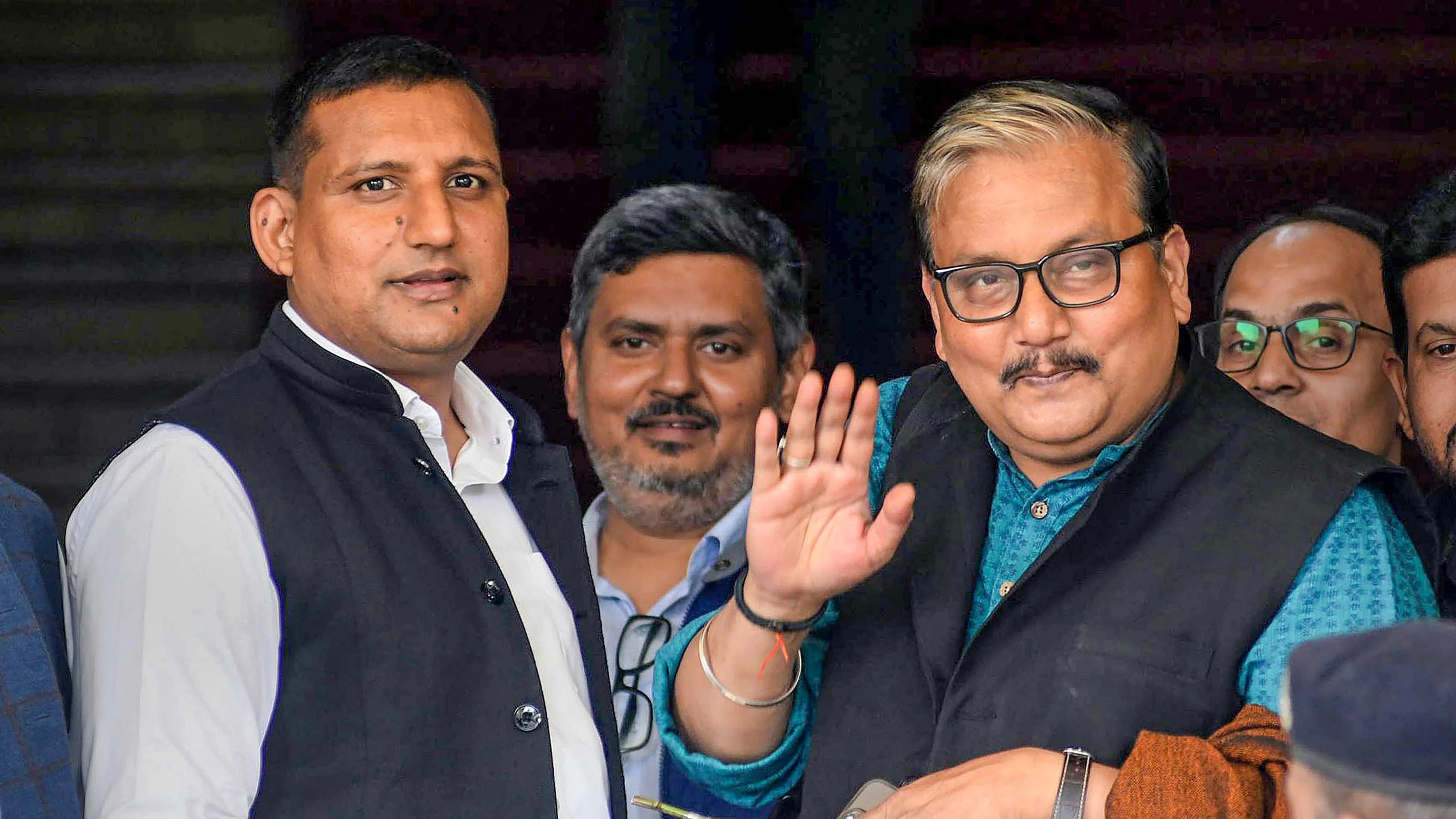 <div class="paragraphs"><p>RJD candidates Manoj Jha and Sanjay Kumar Yadav after filing nomination papers for the Rajya Sabha elections at the Bihar Assembly, in Patna, Thursday,.</p></div>