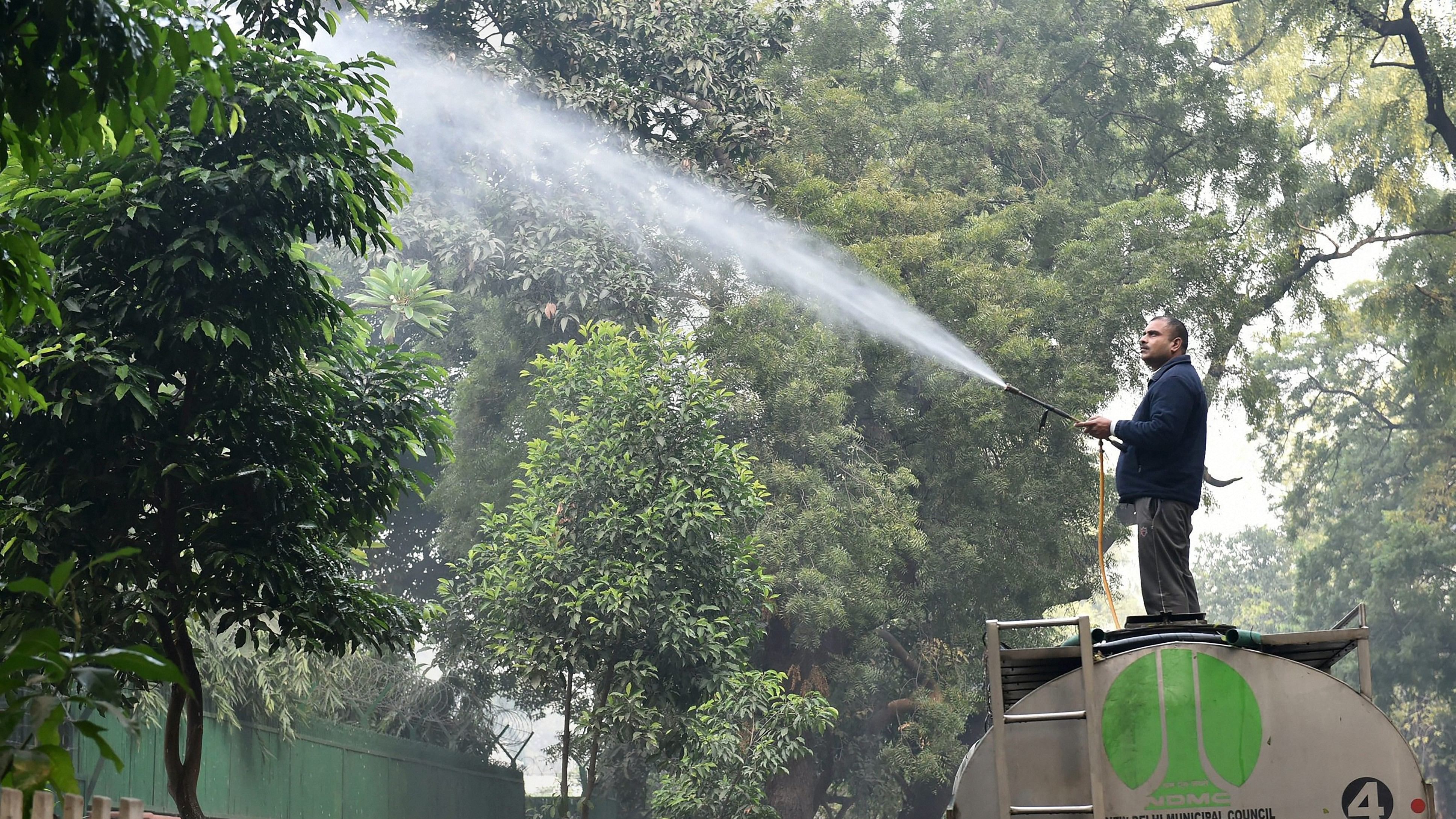 <div class="paragraphs"><p>A file photo of a New Delhi Municipal Council (NDMC) worker sprinkling water on trees</p></div>
