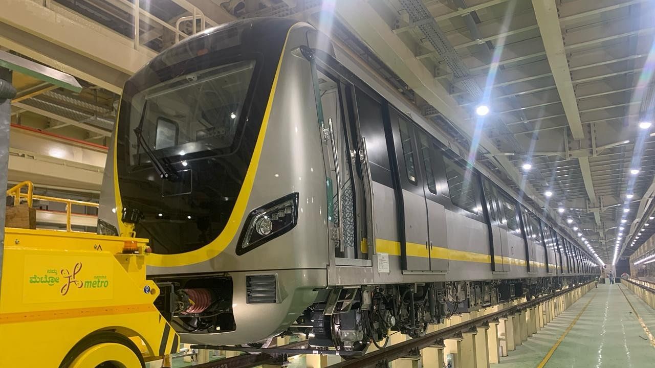 <div class="paragraphs"><p>The Yellow Line's prototype train after its unboxing at the Hebbagodi depot on Tuesday.</p></div>