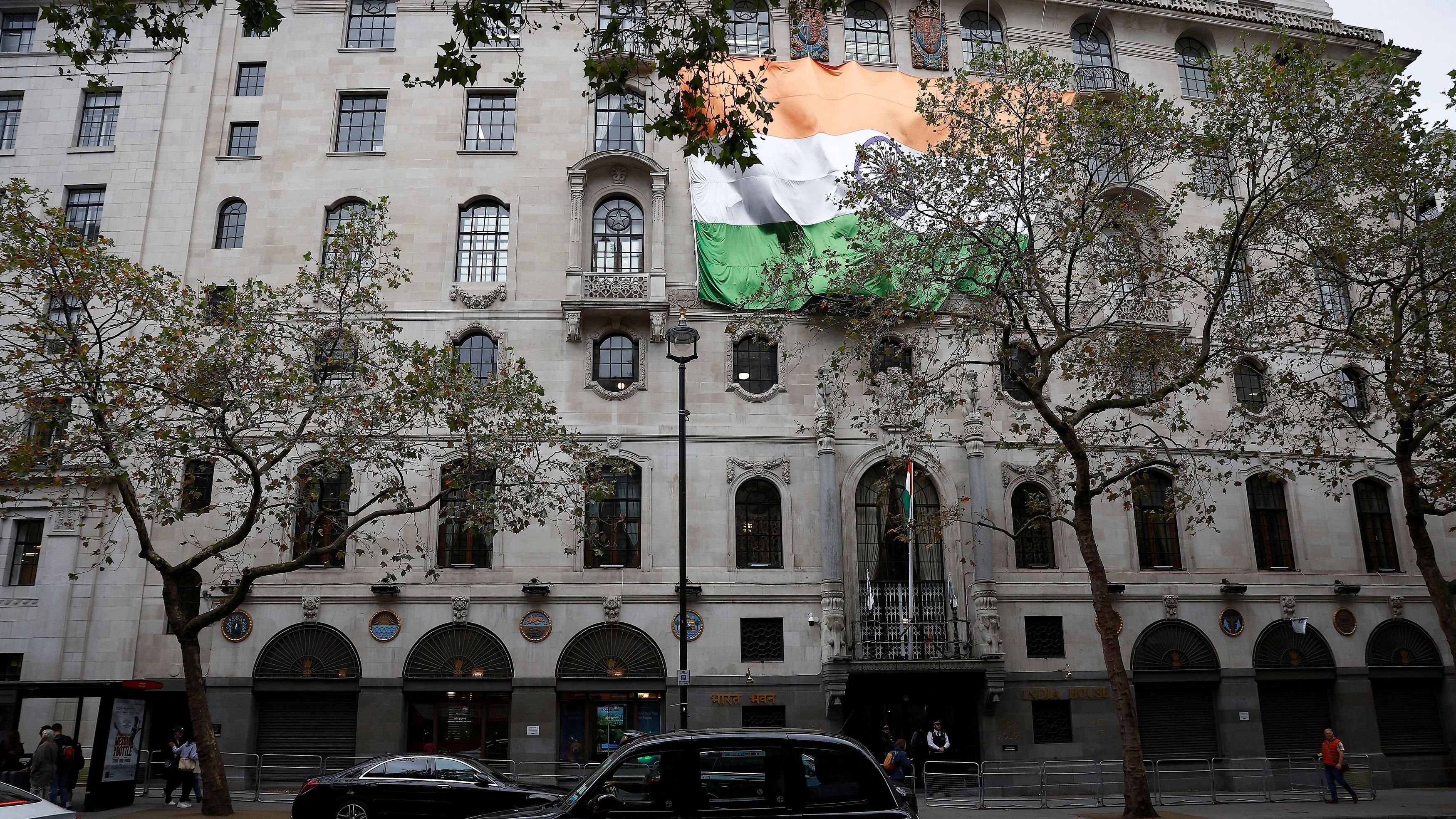 <div class="paragraphs"><p>A large India national flag is attached to India House where the High Commission of India is located, in London.</p></div>