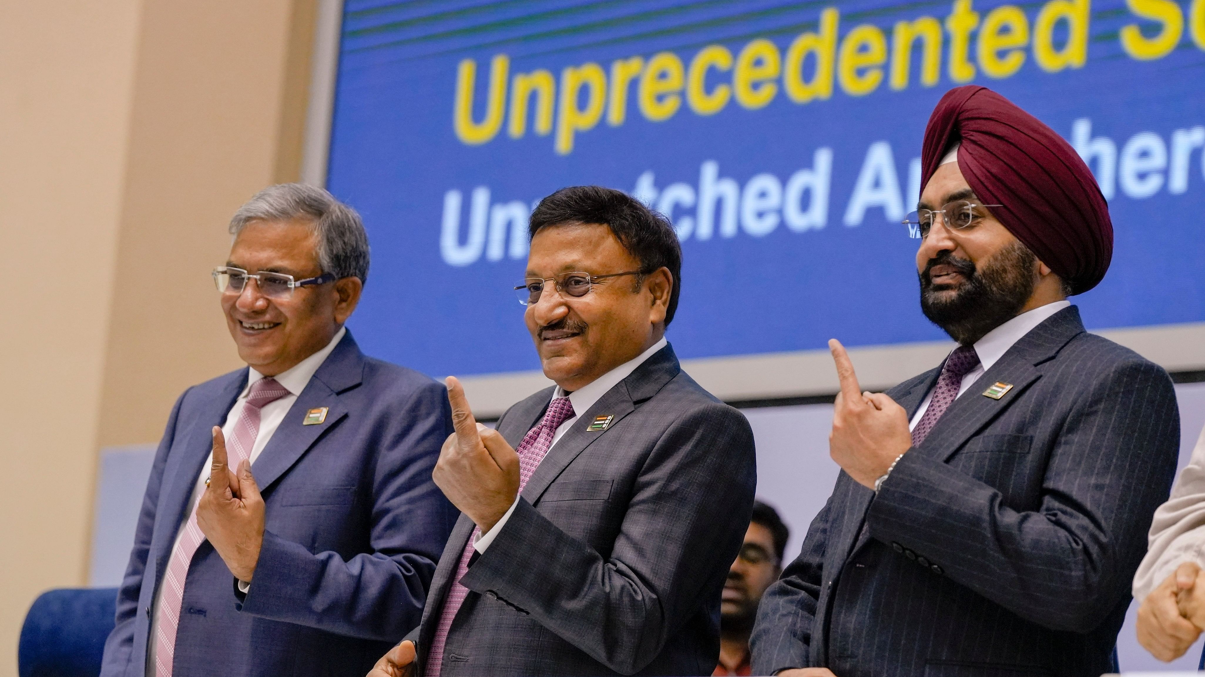 <div class="paragraphs"><p>New Delhi: Chief Election Commissioner Rajiv Kumar with Election Commissioners Gyanesh Kumar and S.S. Sandhu during announcement of the schedule for General Elections 2024, and elections to the Legislative Assemblies of Andhra Pradesh, Sikkim, Arunachal Pradesh and Odisha, in New Delhi, Saturday, March 16, 2024. </p></div>