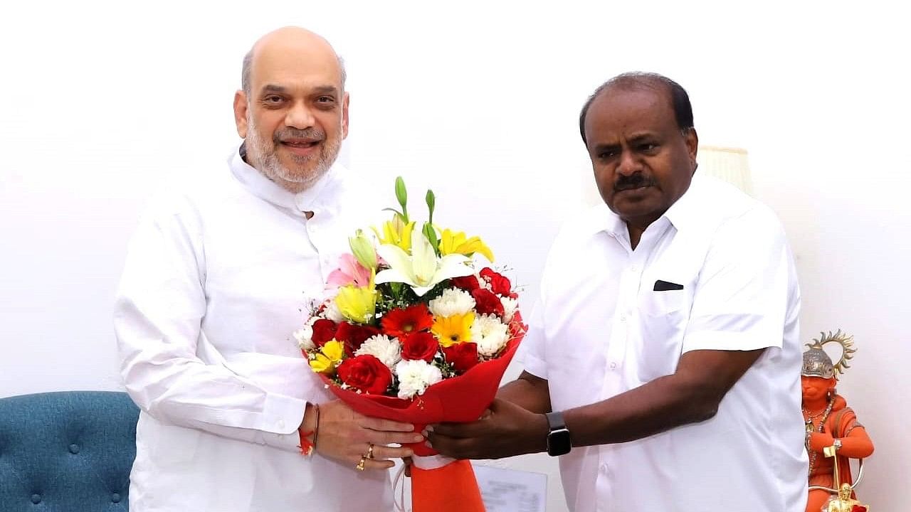 <div class="paragraphs"><p>JD(S) leader H D Kumaraswamy with Union Home Minister Amit Shah in New Delhi on Saturday.</p></div>