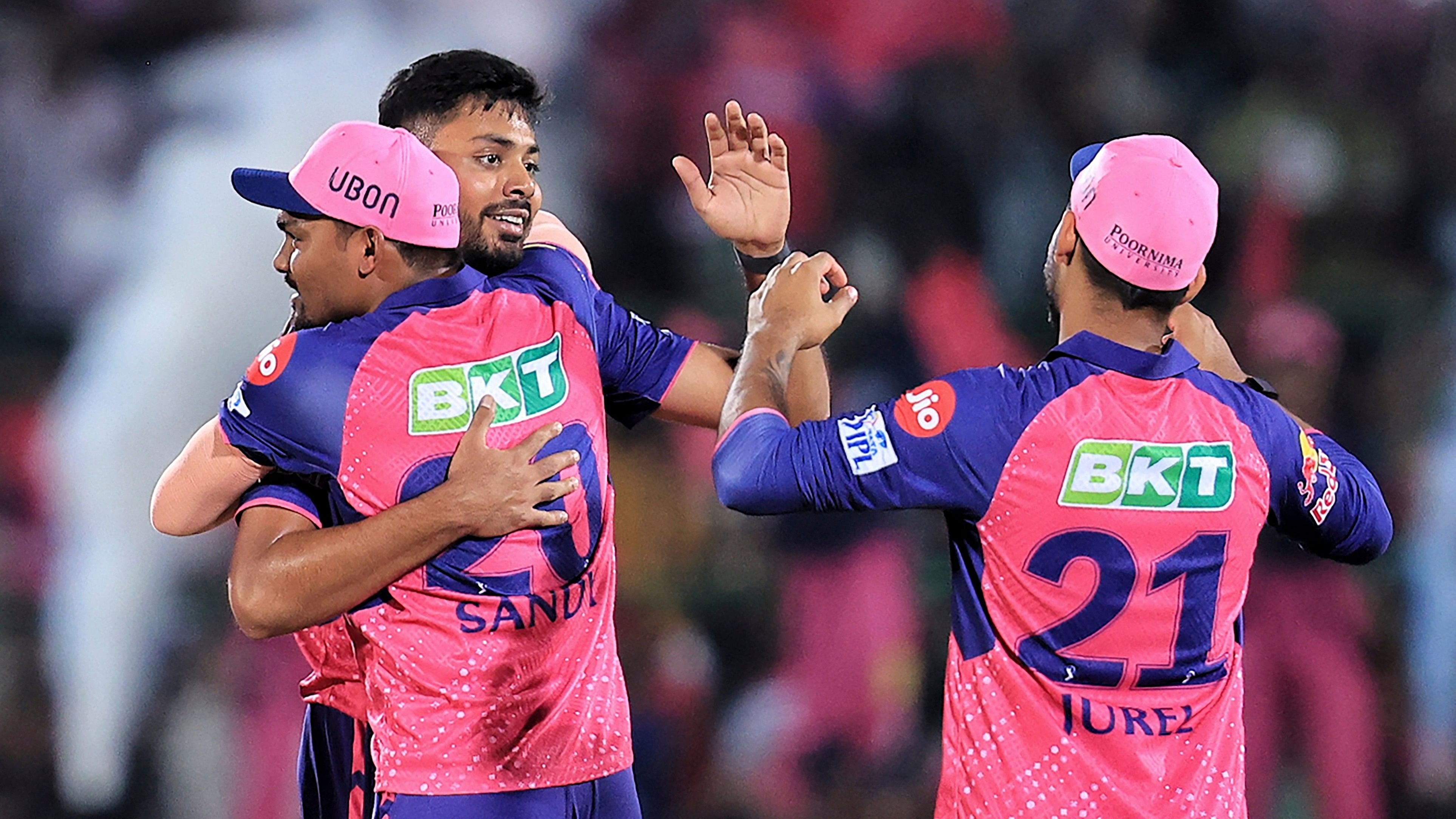 <div class="paragraphs"><p>Rajasthan Royals bowlers  Avesh Khan and Sandeep Sharma celebrate after won the match against Delhi Capitals during the Indian Premier League (IPL) 2024 T20 cricket match  at Sawai Mansingh Stadium in Jaipur, Thursday, March 28, 2024.  </p></div>