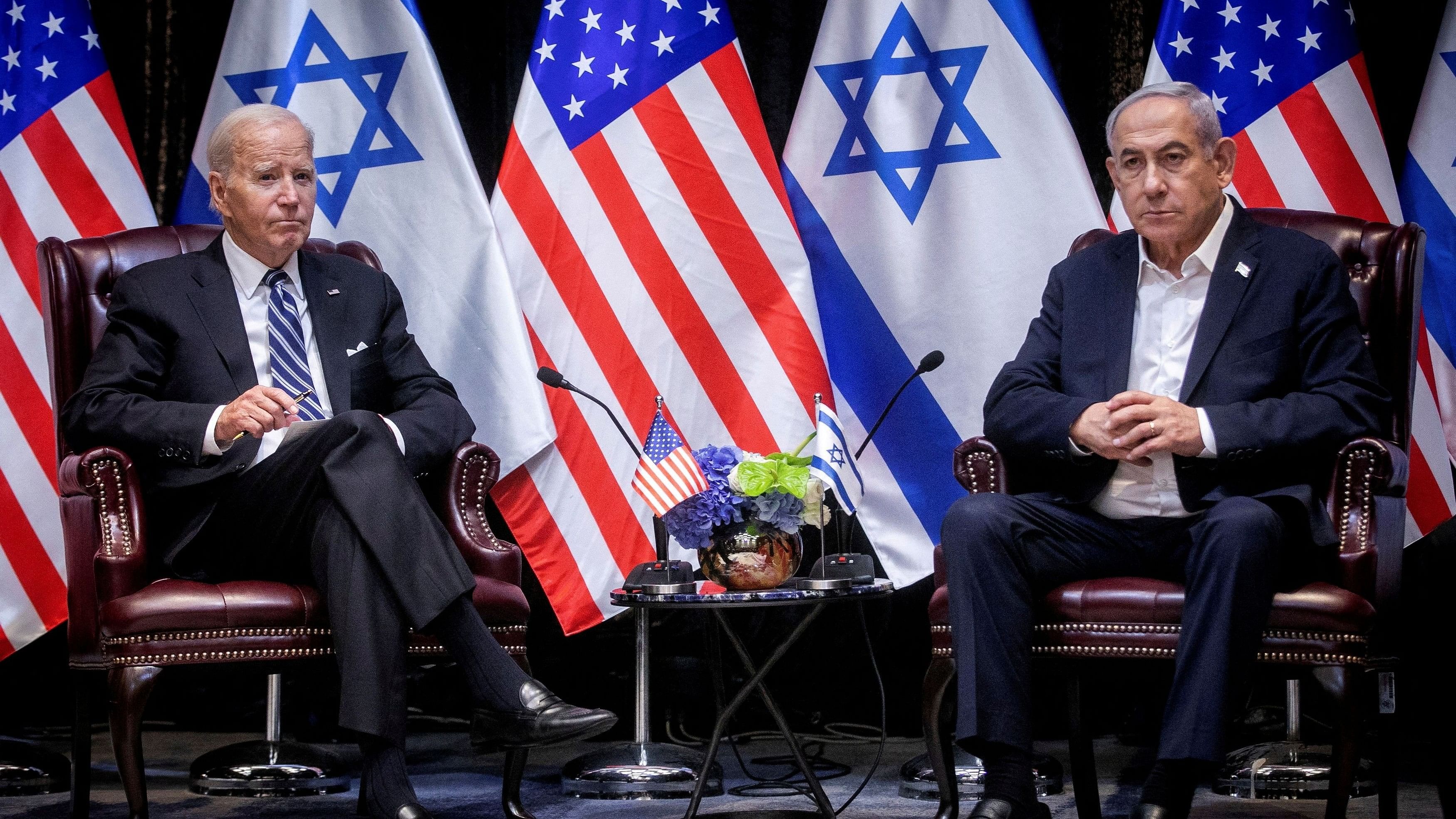 <div class="paragraphs"><p> US President Joe Biden, left, pauses during a meeting with Israeli Prime Minister Benjamin Netanyahu, right, to discuss the war between Israel and Hamas, in Tel Aviv, Israel.</p></div>