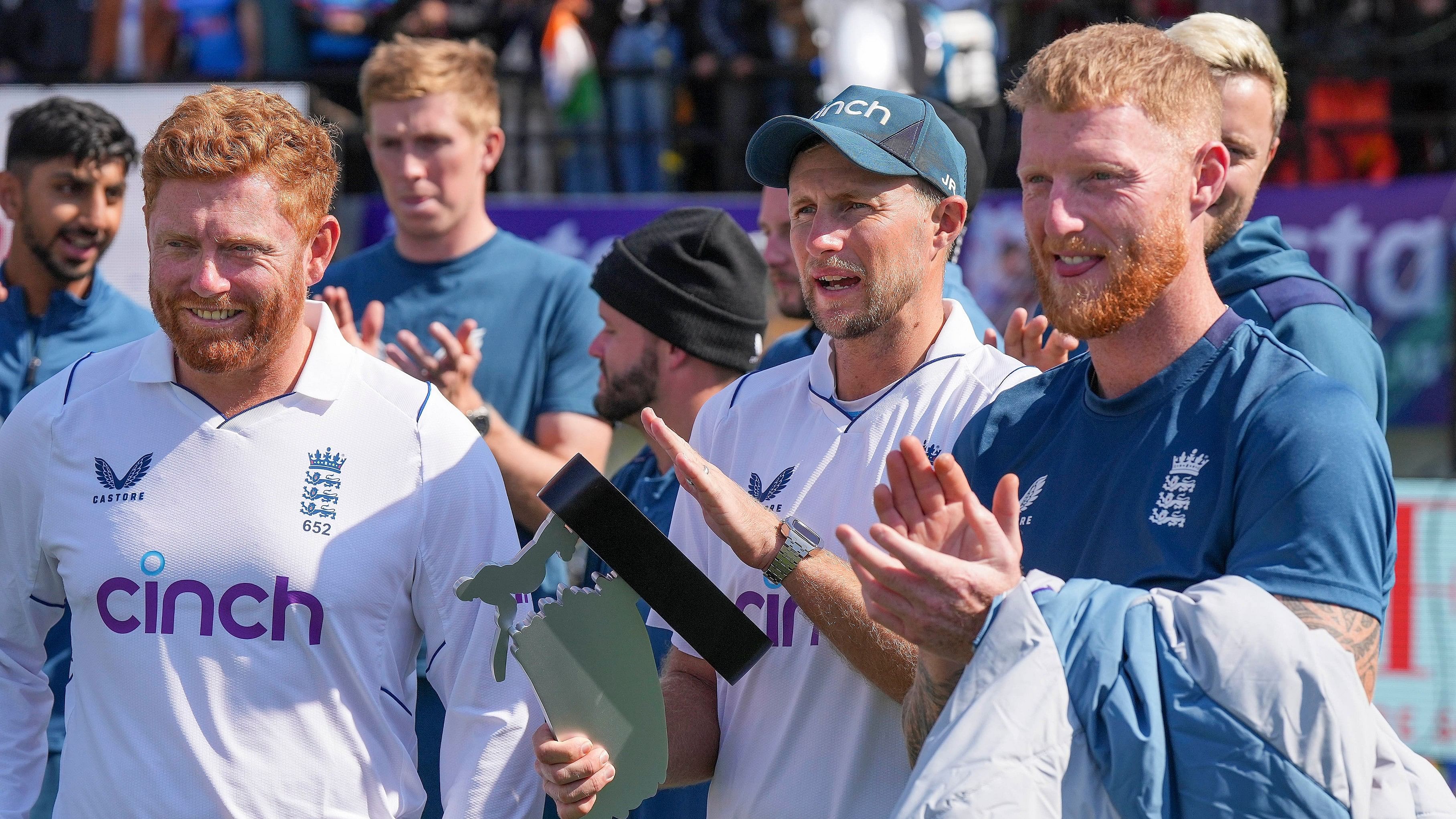 <div class="paragraphs"><p>England's Joe Root, Jonny Bairstow, Ben Stokes and others during the award ceremony after India won the fifth Test cricket match over England, in Dharamsala, Saturday, March 9, 2024. </p></div>