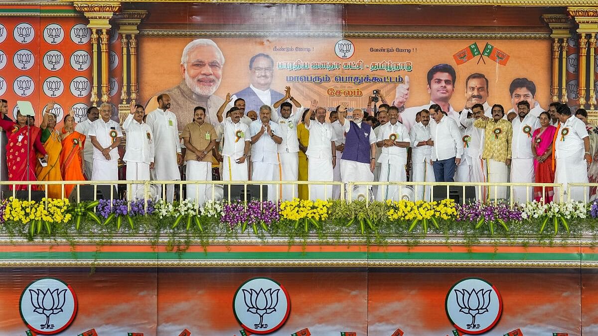 <div class="paragraphs"><p>Prime Minister Narendra Modi with NDA leaders during a public meeting ahead of Lok Sabha elections, in Salem, Tuesday, March 19, 2024.</p></div>