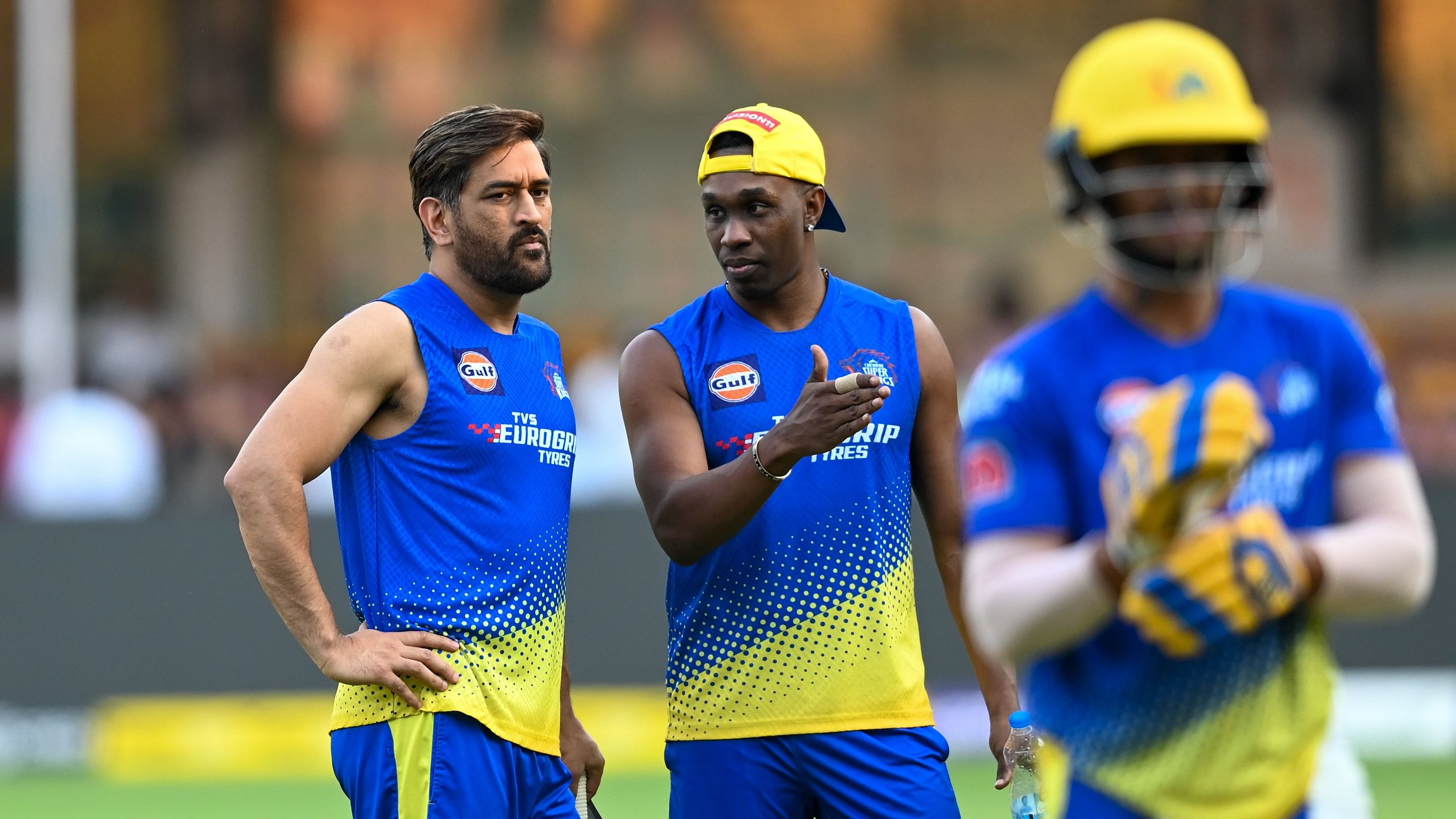 <div class="paragraphs"><p>File photo of&nbsp;Chennai Super Kings players Dwayne Bravo and&nbsp;MS&nbsp;Dhoni&nbsp;during a&nbsp;practice&nbsp;session at KSCA Stadium, in Bengaluru.</p></div>