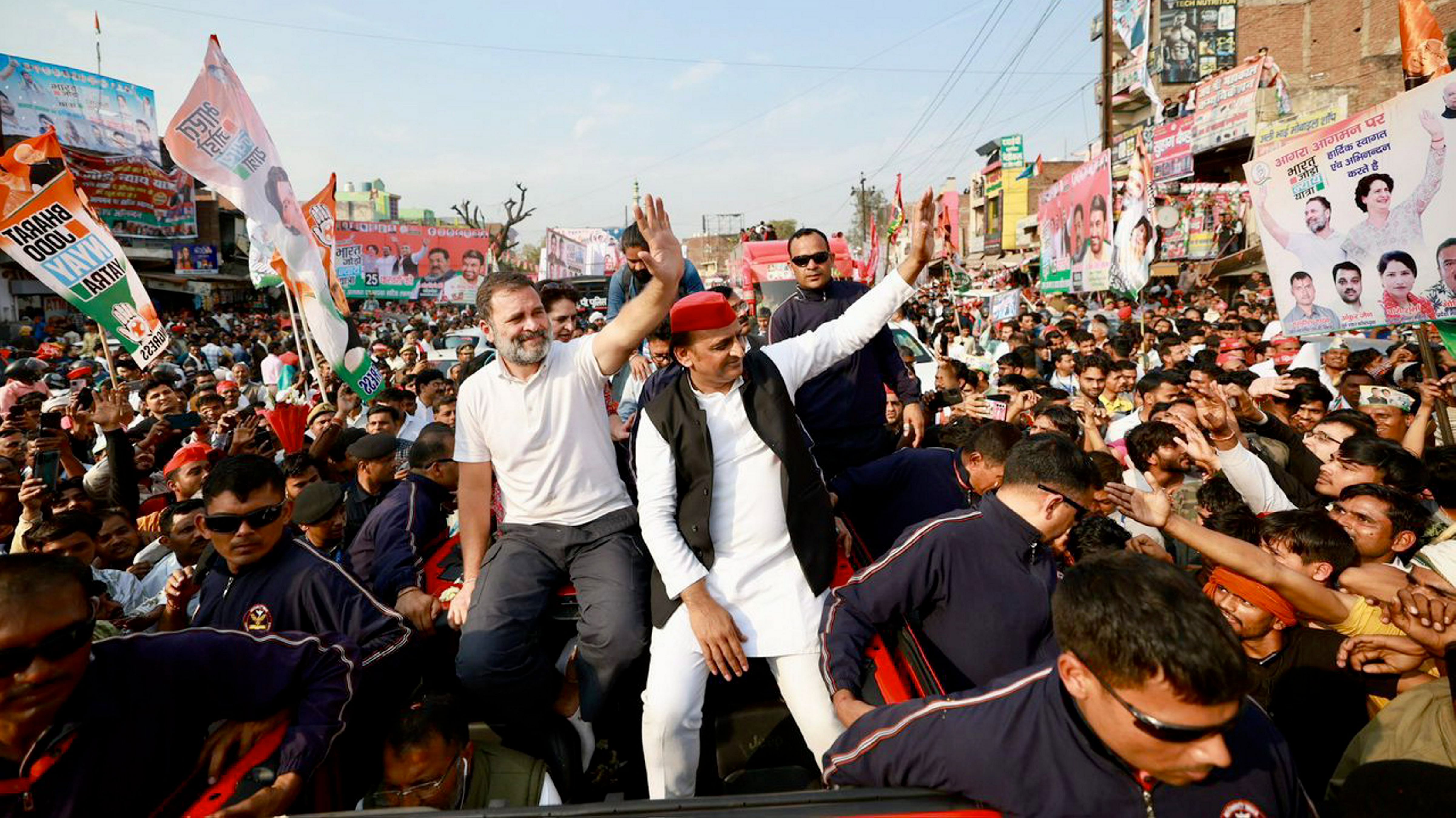 <div class="paragraphs"><p>File photo of&nbsp;Congress MP Rahul Gandhi and Samajwadi Party chief Akhilesh Yadav during the 'Bharat Jodo Nyay Yatra', in Agra</p></div>