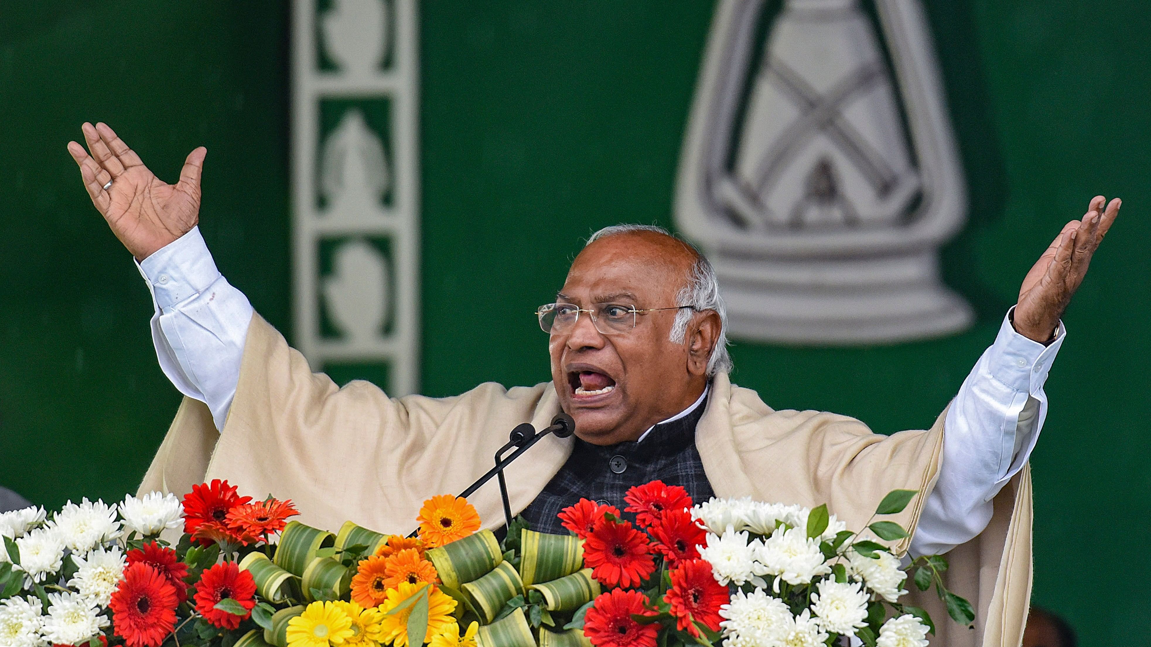 <div class="paragraphs"><p>A file photo of Congress President Mallikarjun Kharge addresses during 'Jan Vishwas Rally', in Patna, Sunday, March 3, 2024.</p></div>