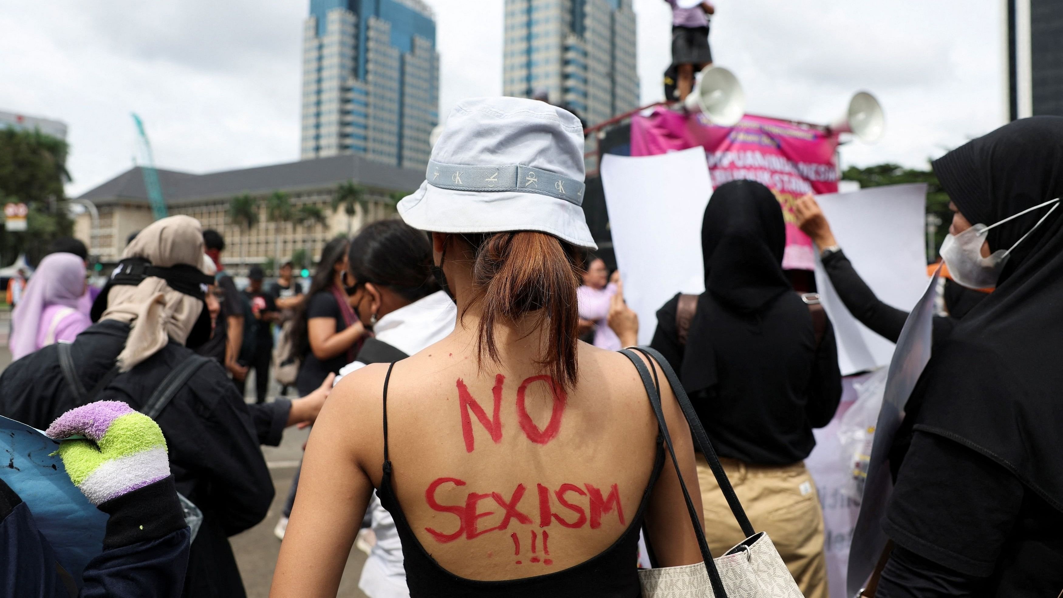 <div class="paragraphs"><p>People take part in a rally to support women's rights calling for gender equality, protest against gender discrimination and demanding the impeachment of Indonesia's President Joko Widodo during International Women's Day in Jakarta, Indonesia, March 8, 2024. </p></div>
