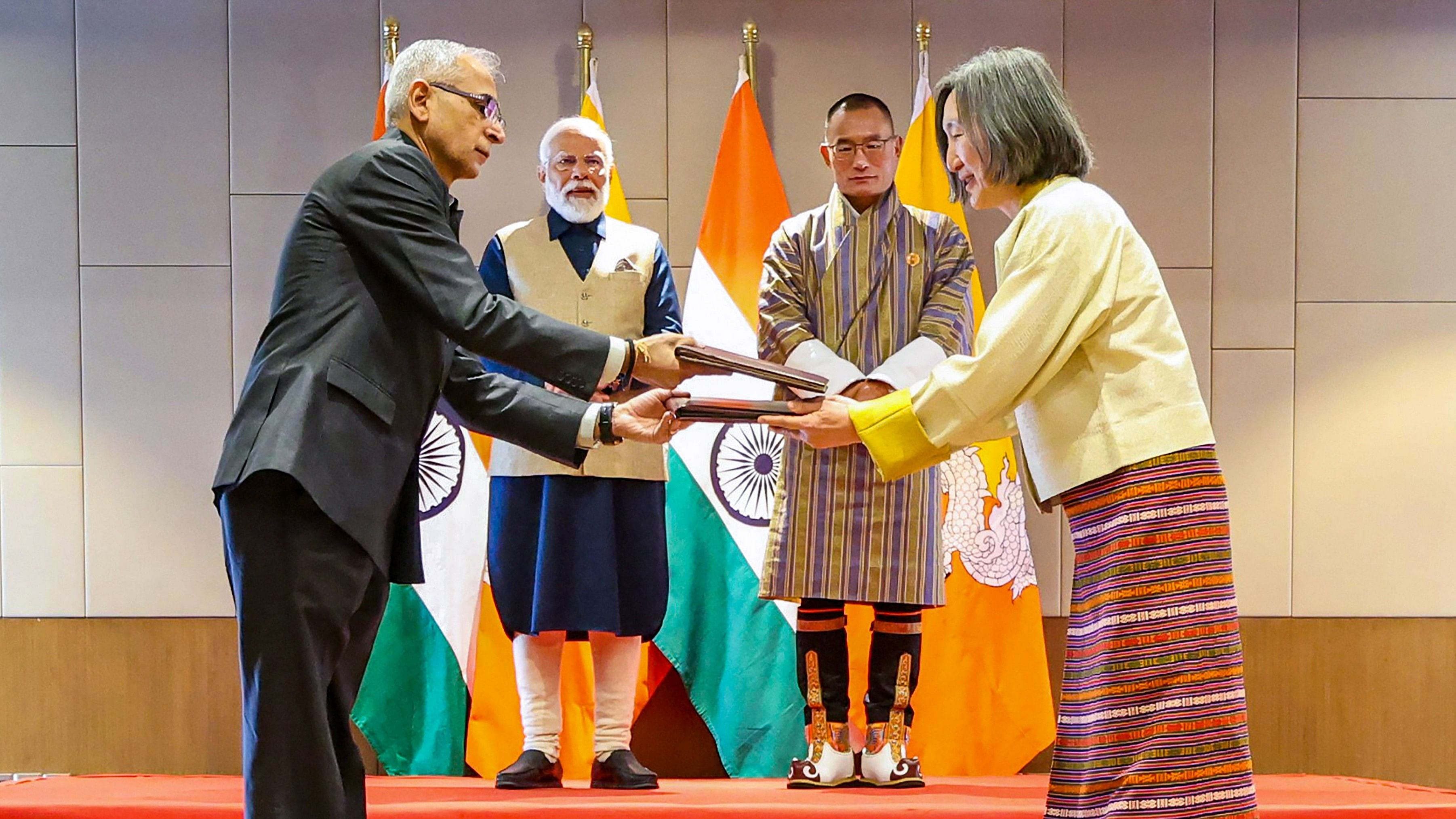 <div class="paragraphs"><p>Prime Minister Narendra Modi with Foreign Secretary of India Vinay Mohan Kwatra, Prime Minister of Bhutan Tshering Tobgay and others during the signing and exchanging of several MoUs and agreements, in Thimphu, Bhutan, Friday, March 22, 2024. </p></div>